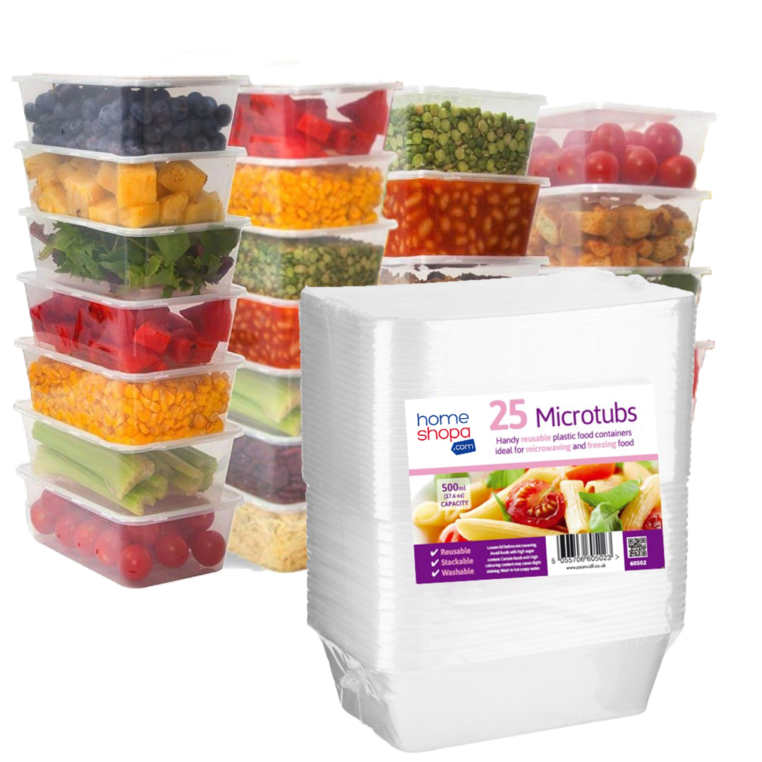Homeshopa.com Homeshopa Plastic Food Storage Containers, 25 Pack 500Ml Clear Rectangular Microwave Takeaway Tubs With Lids, Bpa Free Stackable Airtight Reusable, Dishwasher & Freezer Safe