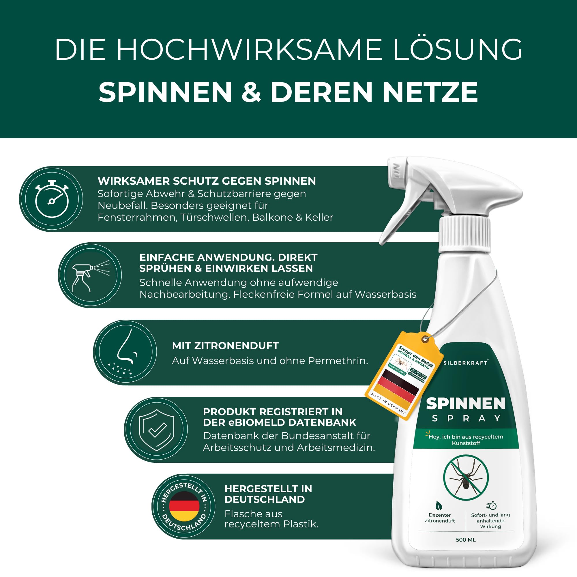 Silberkraft Spinnenspray 500 ml, Effektives Mittel gegen Spinnen in Haus, Wohnung & Garten, Langzeitwirkung bis zu 3 Monate, Alternative zu Spinnengift & Spinnenfallen