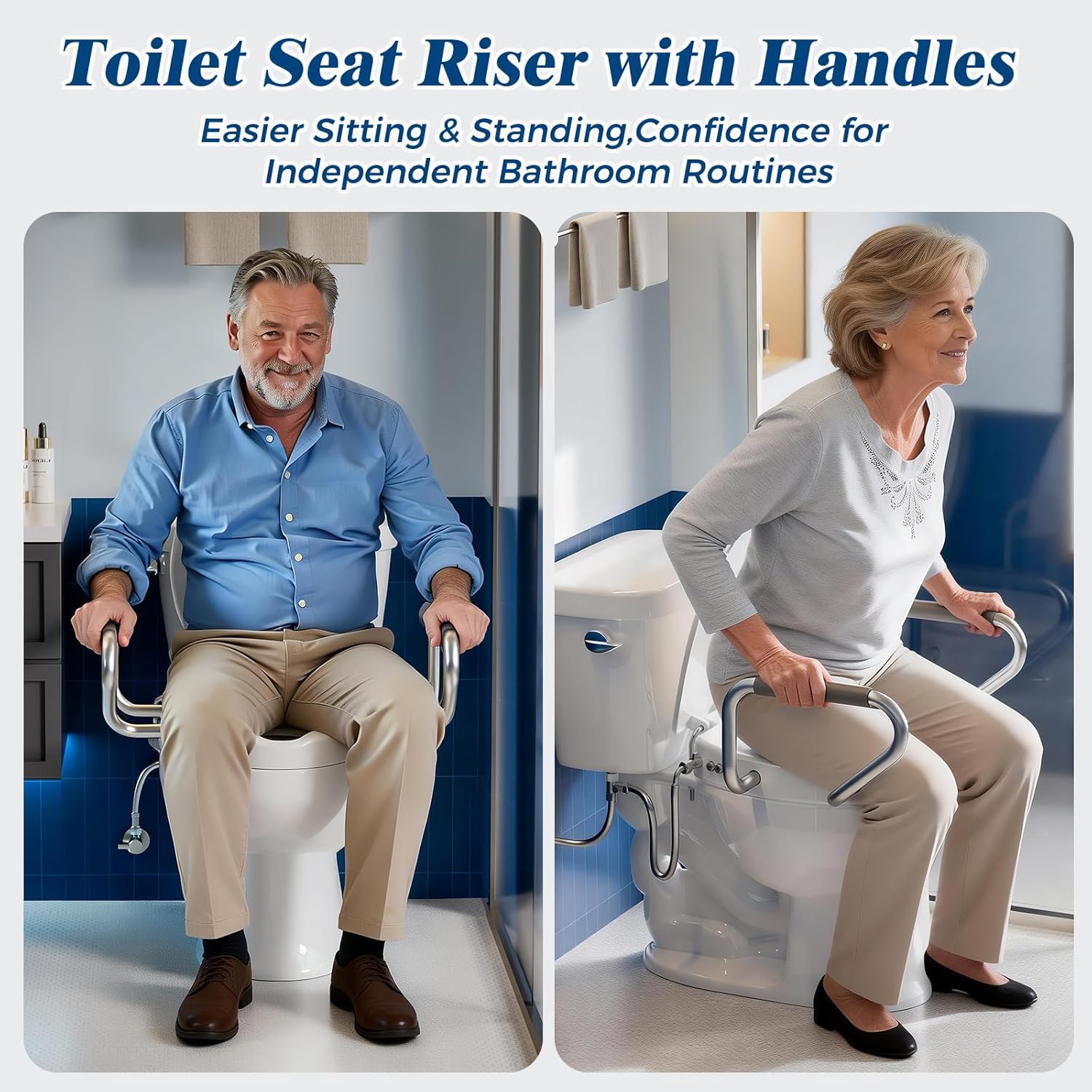 Raised Toilet Seat with Handdles and Bidet Attachment,Elongated - Non-Electric Bidet with Dual Nozzles - Elevated Toilet Risers for Seniors & Limited Mobility - Easy Install & Clean
