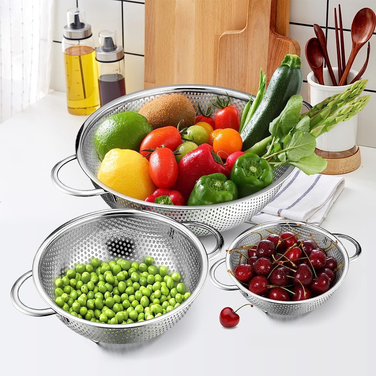 Set di scolapasta a rete microforata in acciaio triplo strato colino impilabile con mania per risciacolare le verdure scolare la pasta il riso e i cereali