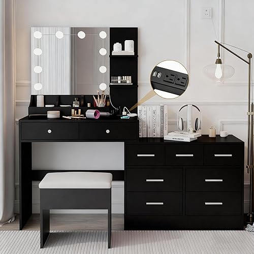 Karl home Makeup Vanity Desk Set with Mirror & Power Outlet, Dressing Table with 3 Adjustable LED Lights, Large Vanity Table with 9 Drawers & Storage Shelves for Bedroom, Black