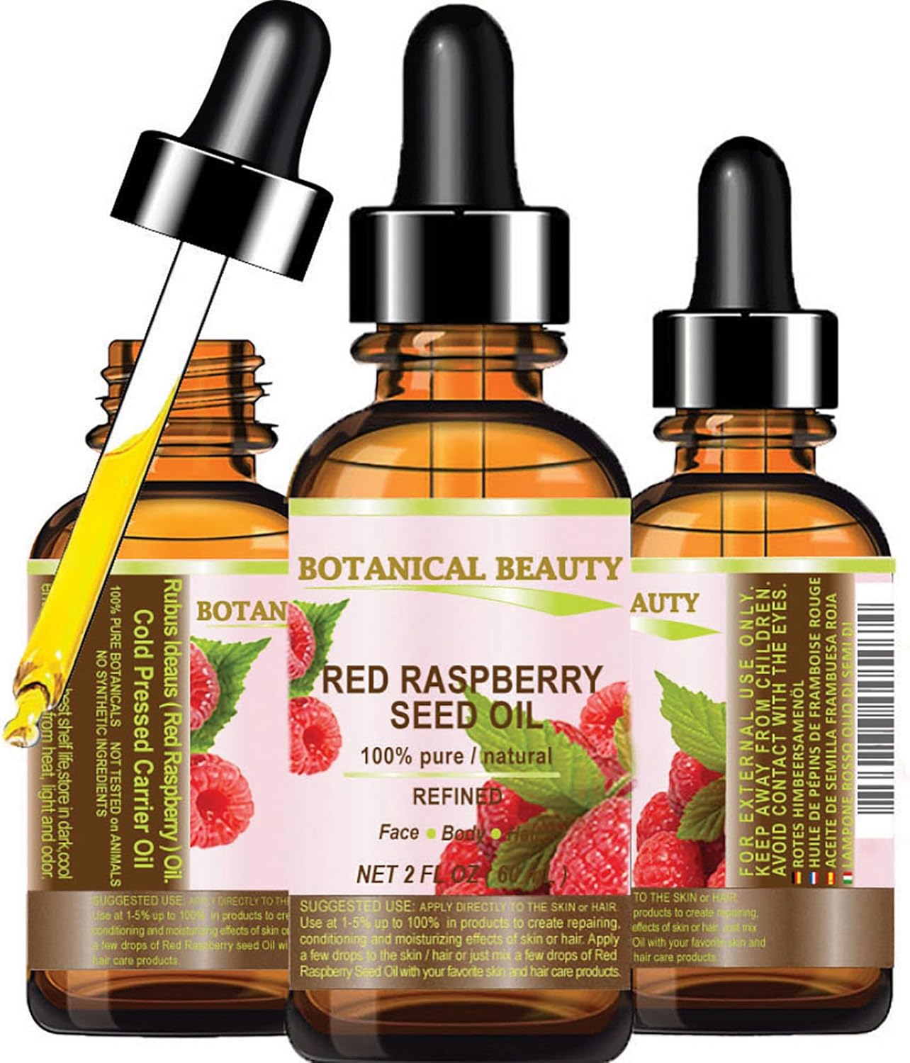Botanical Beauty Red Raspberry Seed Oil 100% Pure Natural Undiluted Refined Cold Pressed Carrier Oil for Face, Skin, Hair, Lips, Nails. Rich in Vitamin C, Vitamin E (2 Fl Oz)