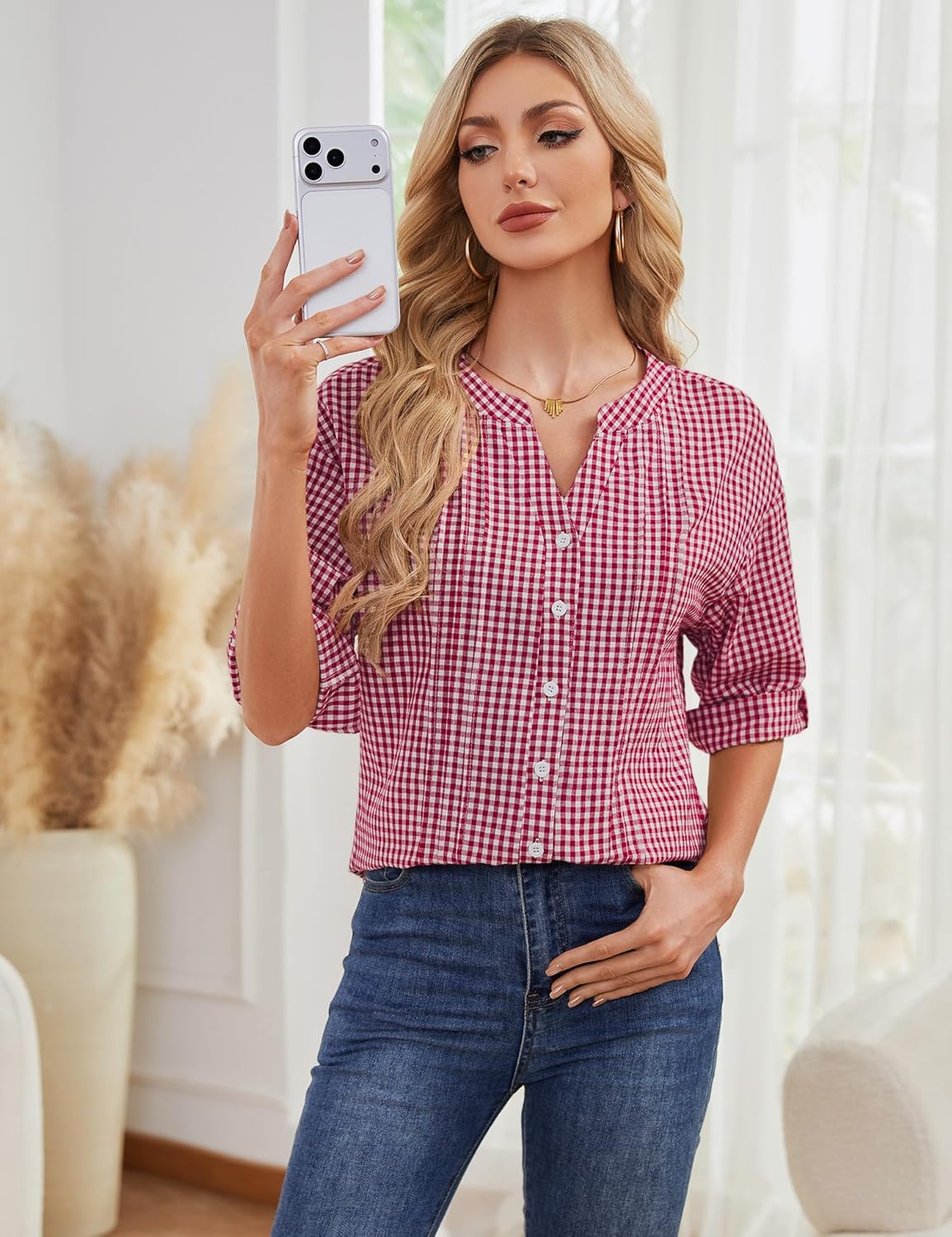 Micoson Womens 3/4 Sleeve Tops Cotton Linen Button Down Shirts V Neck Pleated Casual Loose Blouses Roll Up Sleeve Shirt - Image 2