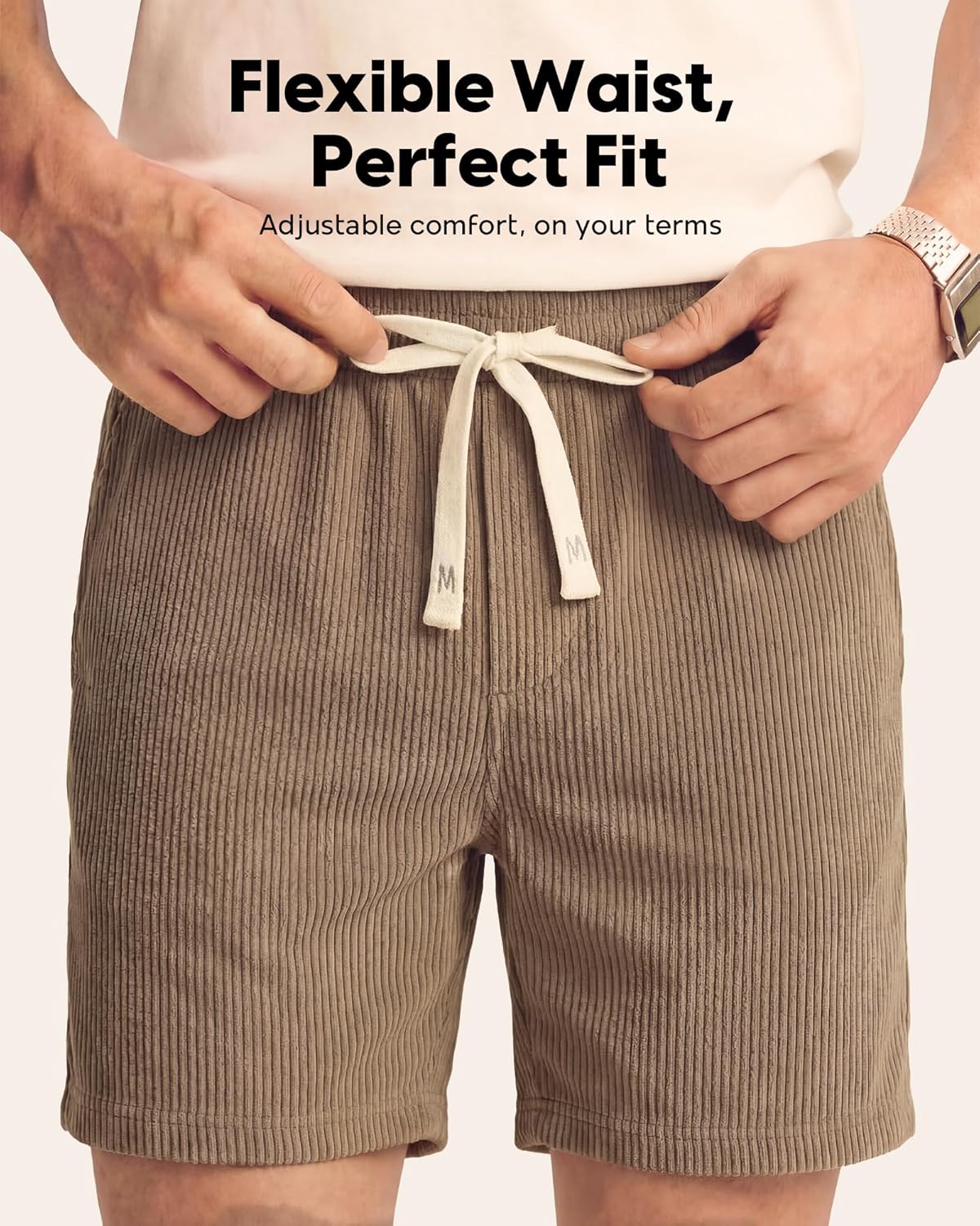 maamgic Mens Corduroy Shorts 7 Inch with Built-in Liner, Elastic Waist Drawstring Casual Summer Beach Shorts with Pockets