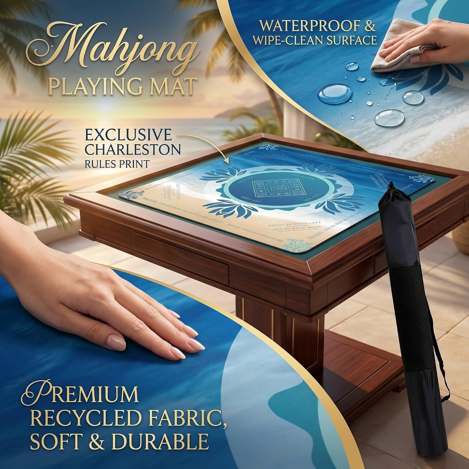 Mahjong Mat 2025 Upgraded No-Crease & No Odor Design, 32.3 Inch with Waterproof Velvet, Non-Slip PU Silicone, Lightweight for Noise Reduction, Includes Printed Rules for Tiles and Cards (Ocean)