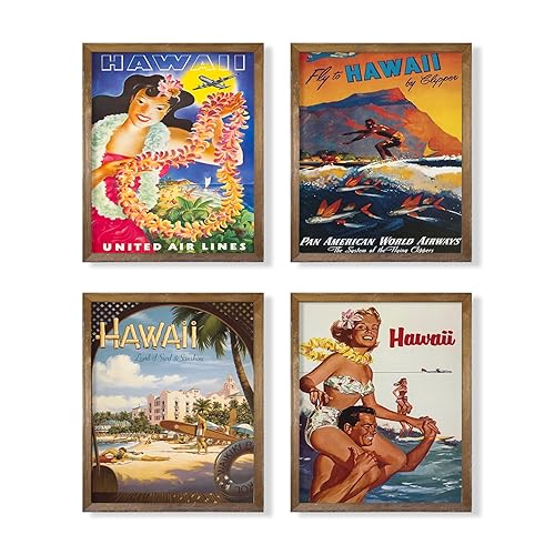 Vintage Hawaii Wall Art Decor - Beach Aesthetic Room Decor - Tropical Pictures - Travel Poster - Retro Surfing Wall Art - Hawaiian Prints - 50s 60s