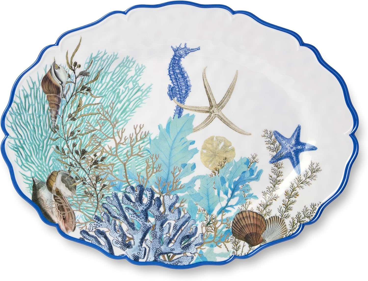 Blue Lagoon Melamine 2pc Platter Set – 14" Round & 18" x 13.5" Oval Platter, Coastal Blues & Coral White Design, Perfect for Appetizers, Seafood, & Desserts