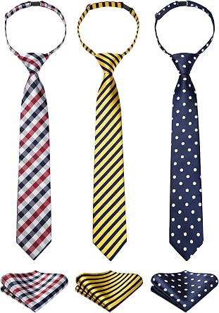 Enlision 3pcs Boys Pre-Tied Neckties & Pocket Square Set Neck Strap Tie for Kids
