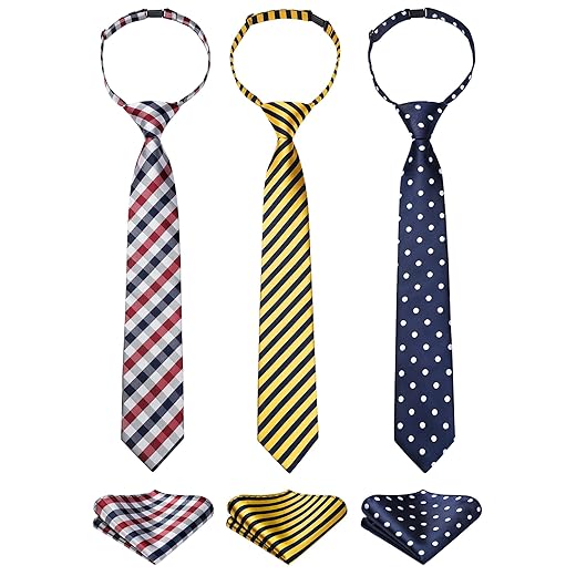 Enlision 3pcs Boys Pre-Tied Neckties & Pocket Square Set Neck Strap Tie for Kids