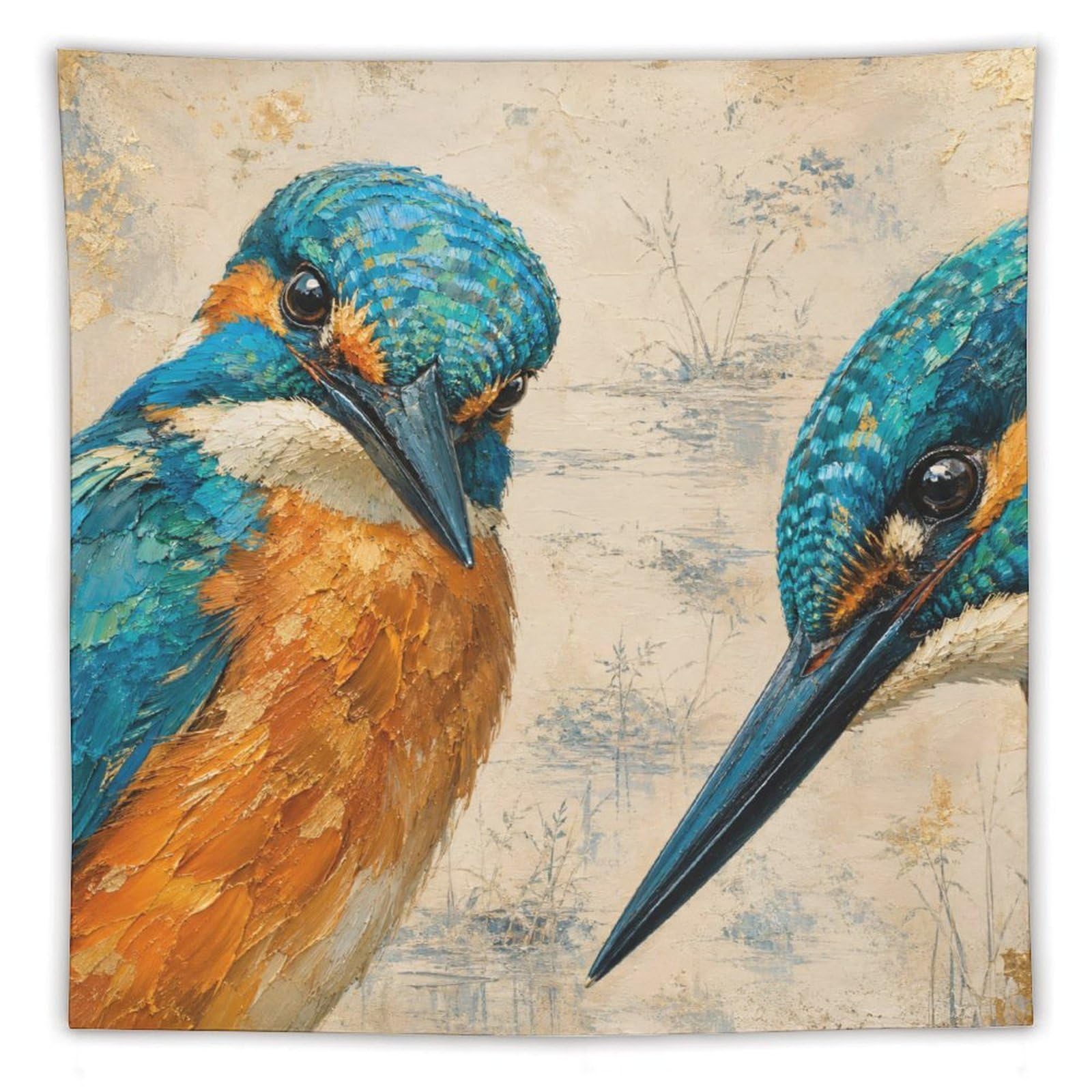 H3B8U2Y5 Kingfisher Bird Pair Wall Tapestry, Realistic Illustration Style