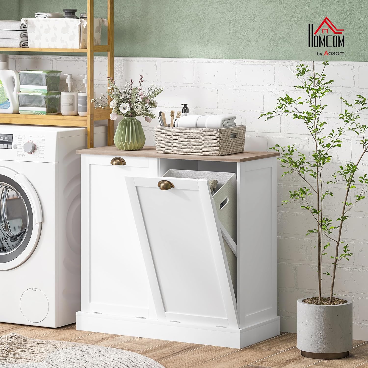 HOMCOM Double Tilt-Out Laundry Hamper Cabinet with 2 Removable Basket, Modern Bathroom Storage Cabinet with Shaker Doors and Handles, White