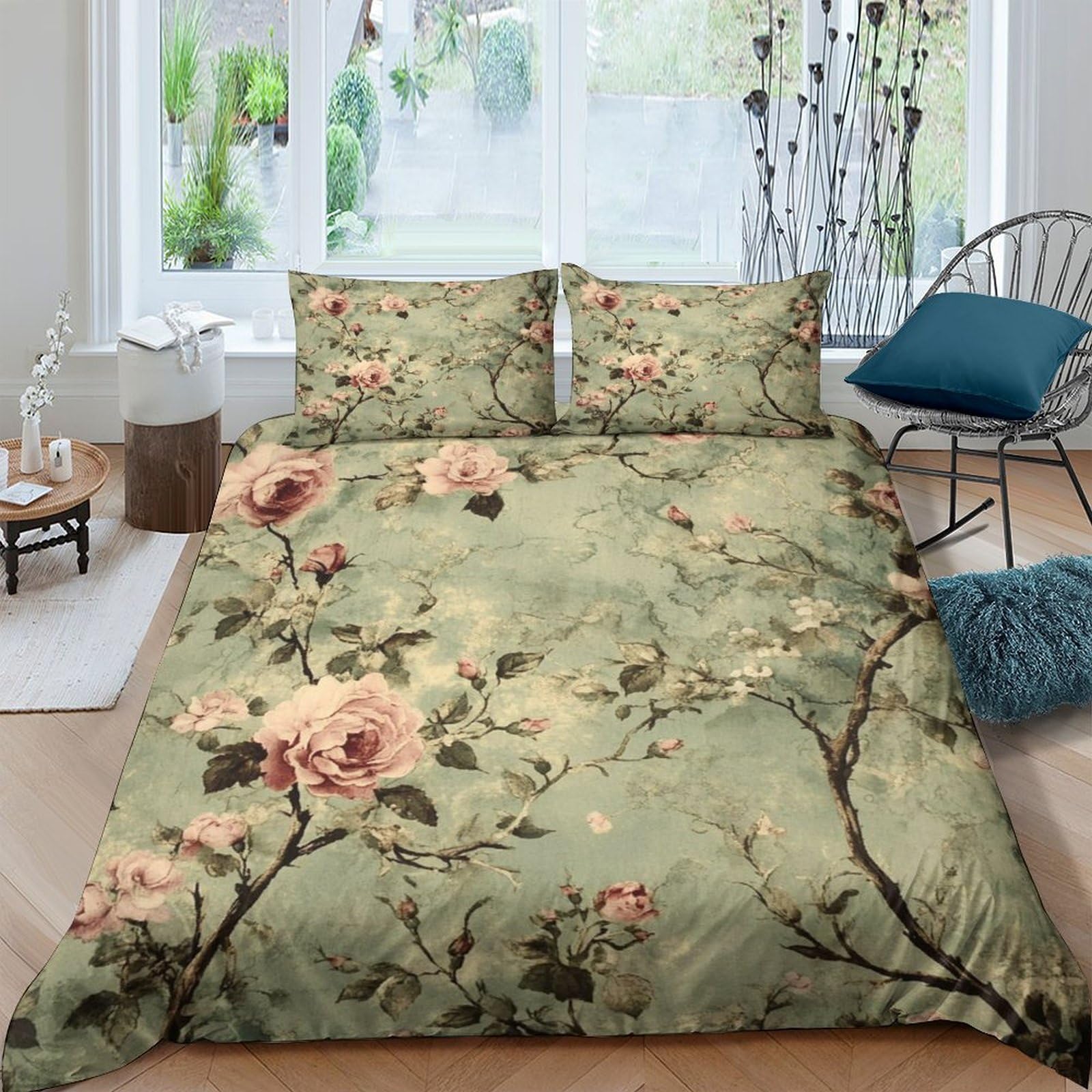 GPLZQXKJNH 3D Printed Vintage Floral Duvet Cover Microfiber Soft Breathable Botanical Bedding Set with 2 Pillowcases for Bedroom Decor Single（135x200cm）