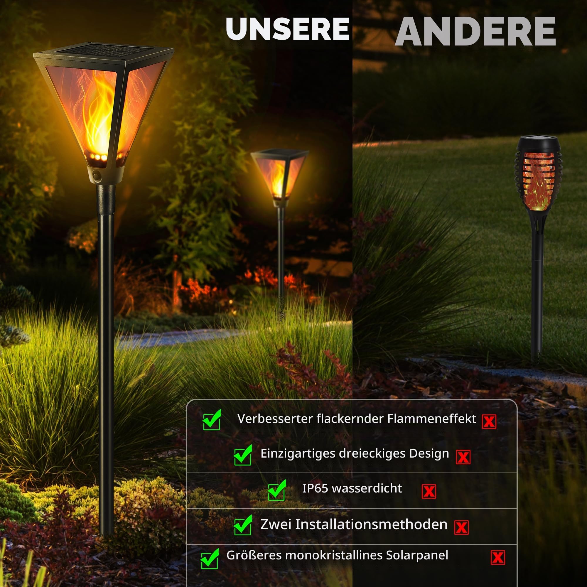 Joomer Solarlampen für Außen mit Realistischer Flammeneffekt 2 Stück 28LED | Solarleuchten für Außen Garten IP65 Wasserdicht Gartenfackeln für Draußen Solar Garten Rasen Auffahrt Gartenweg Deko