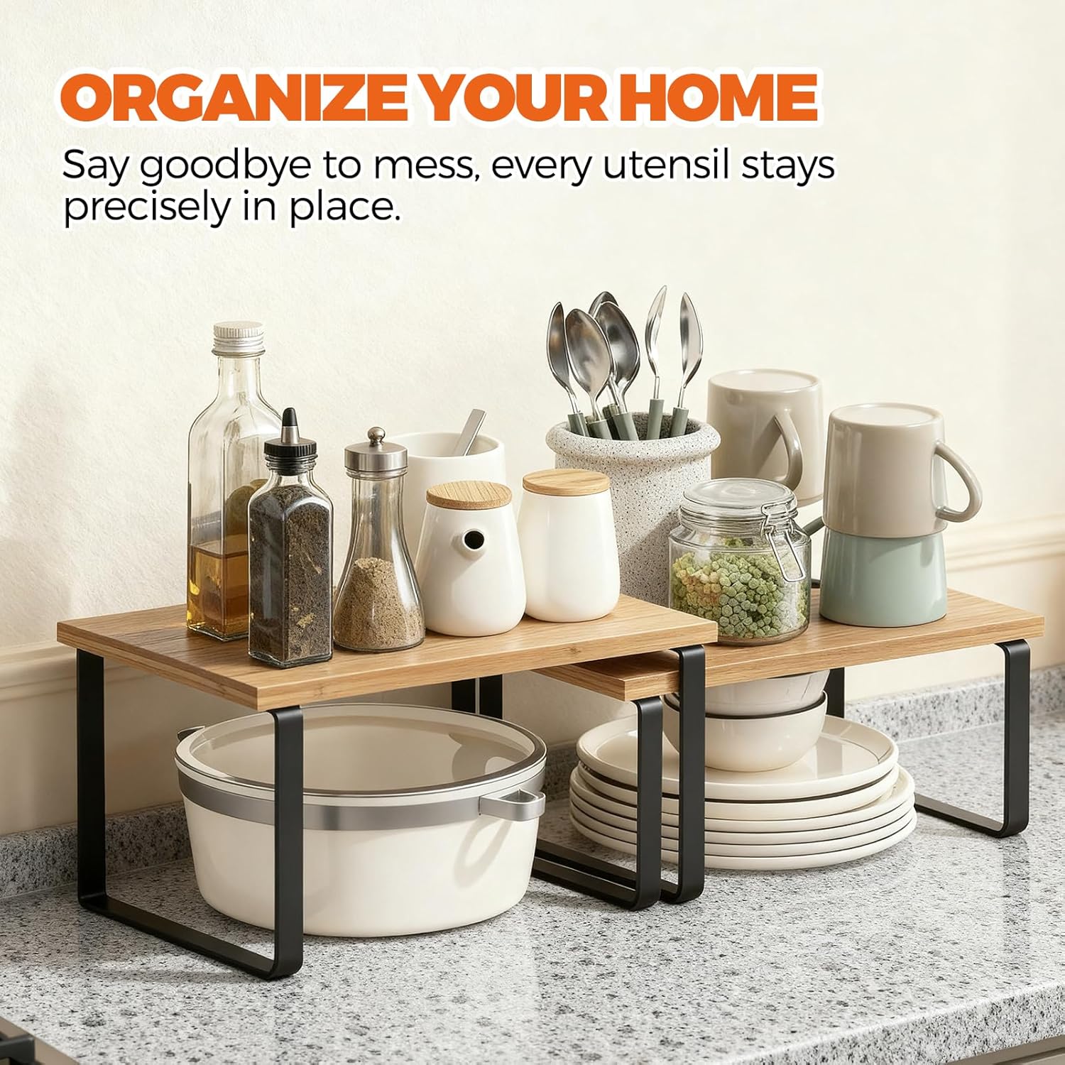 Cabinet Organizer Shelf - 4 Pack Wood Kitchen Organizer, Upgraded Cabinet Organizer Shelf for Kitchen Storage, Countertop, Spice Rack, Stackable, Expandable, Ink Black and Natural Beig