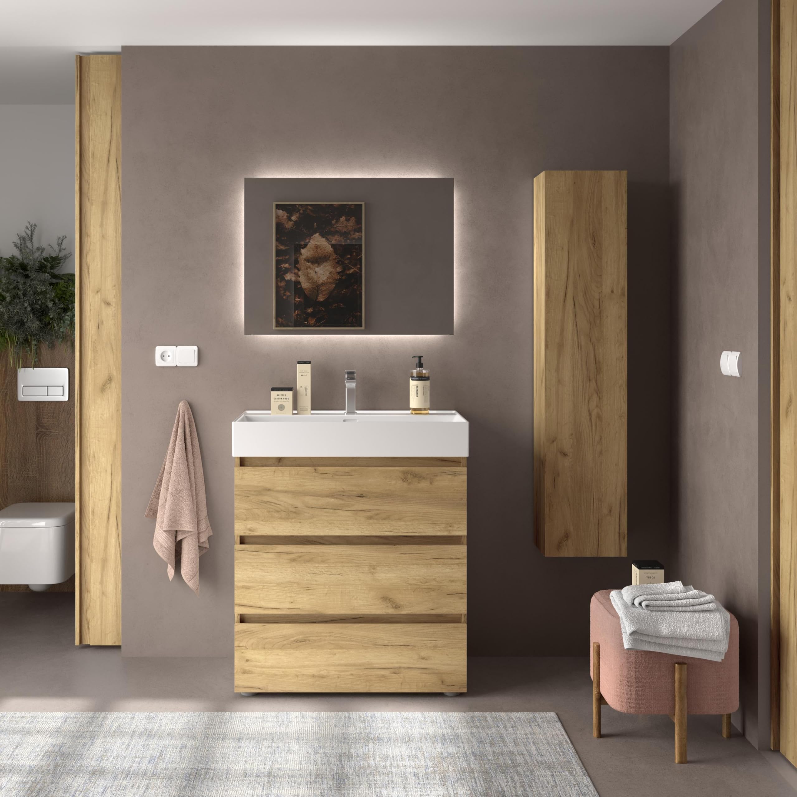 Mueble de Baño BEQUIA 3C 80cm Roble | Lavabo Veneto Porcelana Centrado