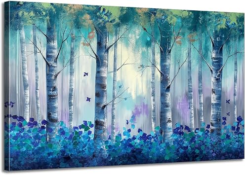 OAAPITI White Birch Tree Wall Art Abstract Blue Forest Print Painting Landscape Scenery Picture Large Nature Canvas Wall Art for Living Room Bedroom Bathroom Home Office Decor