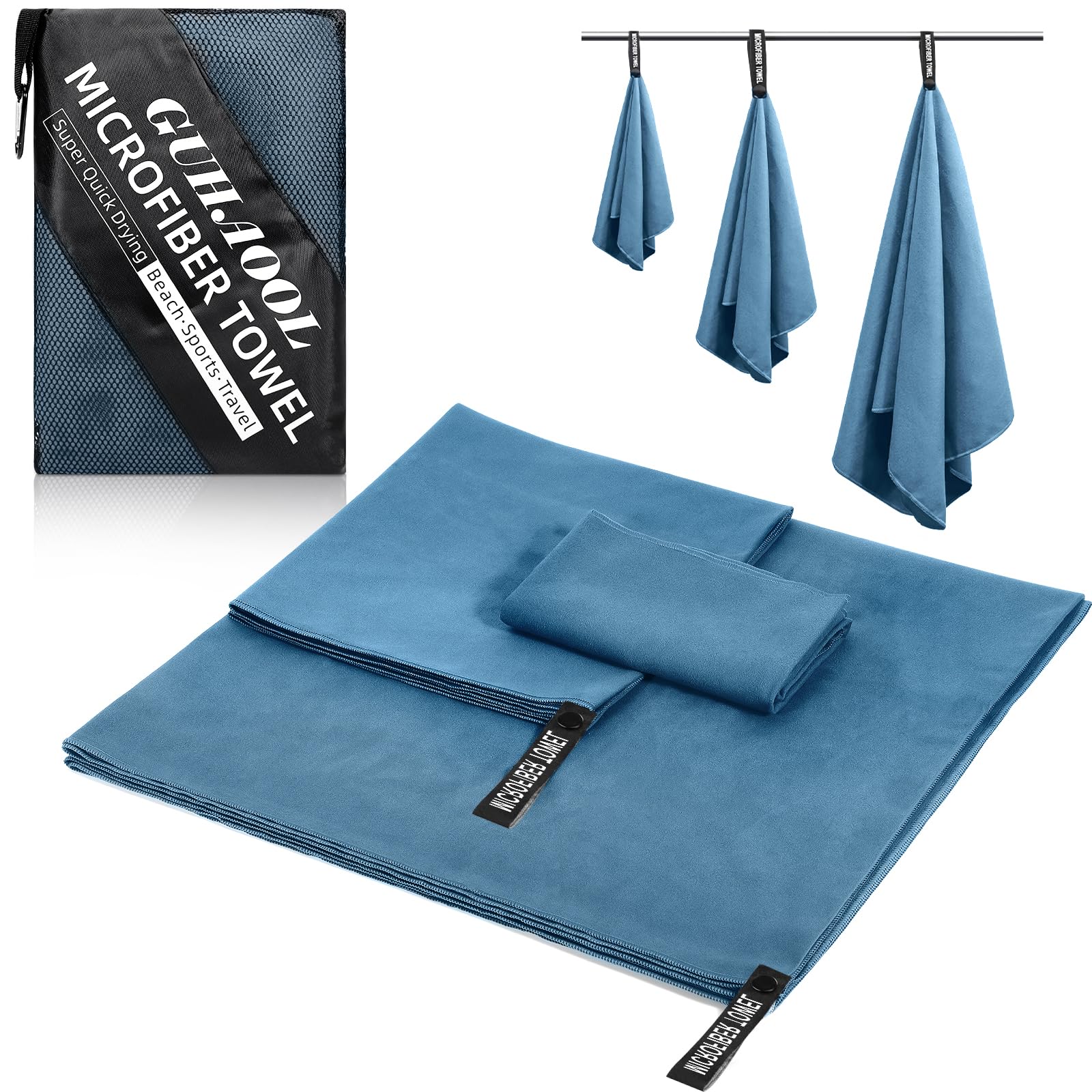 Asciugamano Microfibra, Asciugamano in Microfibra 3 Set | 180x80cm&100x50cm&70x40cm, Telo Mare Microfibra, Asciugamani in Microfibra ad Asciugatura Rapida per Viaggi Spiaggia Yoga Sauna (Blu)