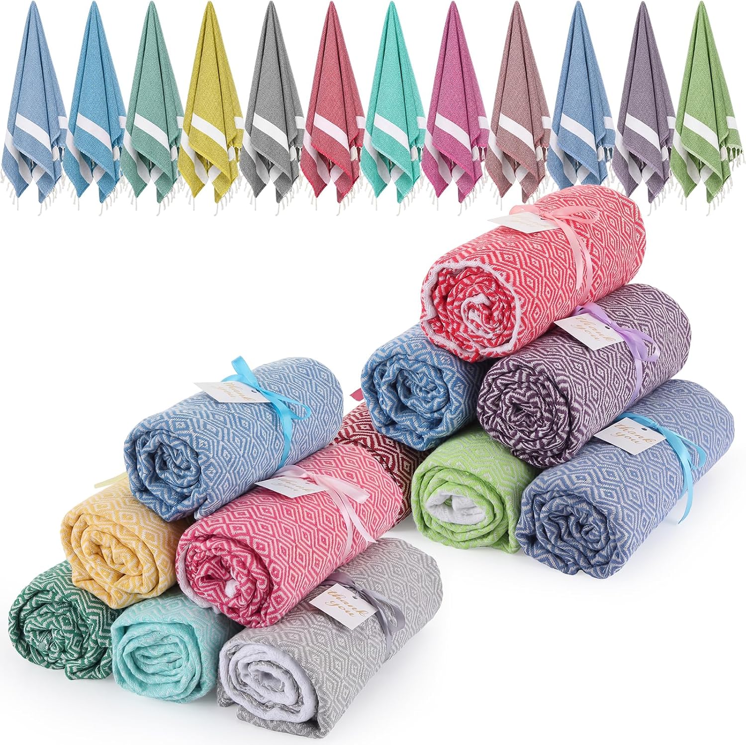 Frienda 12 Packs Turkish Beach Towels Set Bulk 71"x39" Bachelorette Pool Beach Towels Oversized with Thank You Card Cotton Absorbent Quick Dry Blanket for Wedding Party Bridesmaid Bridal Shower Gifts