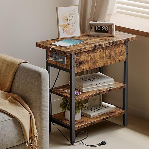 Miniatura 5 de Fixwal Mesa auxiliar con estación de carga, mesa auxiliar abatible con puertos USB y tomas, mesita de noche estrecha para sofá, mesa de noche para