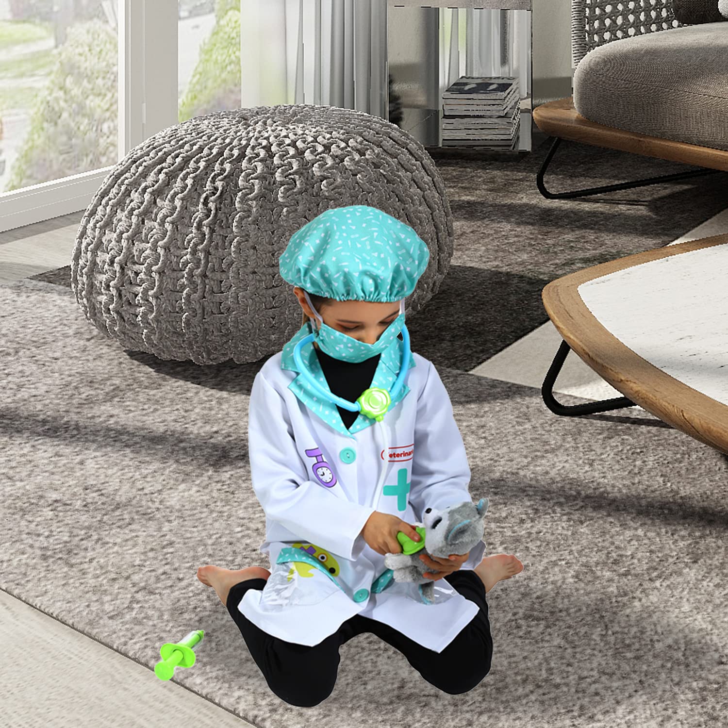 Sincere Party Costume da gioco di ruolo veterinario,Set di cappotti da laboratorio veterinario per bambini,Paziente animale peluche incluso 5-7 anni