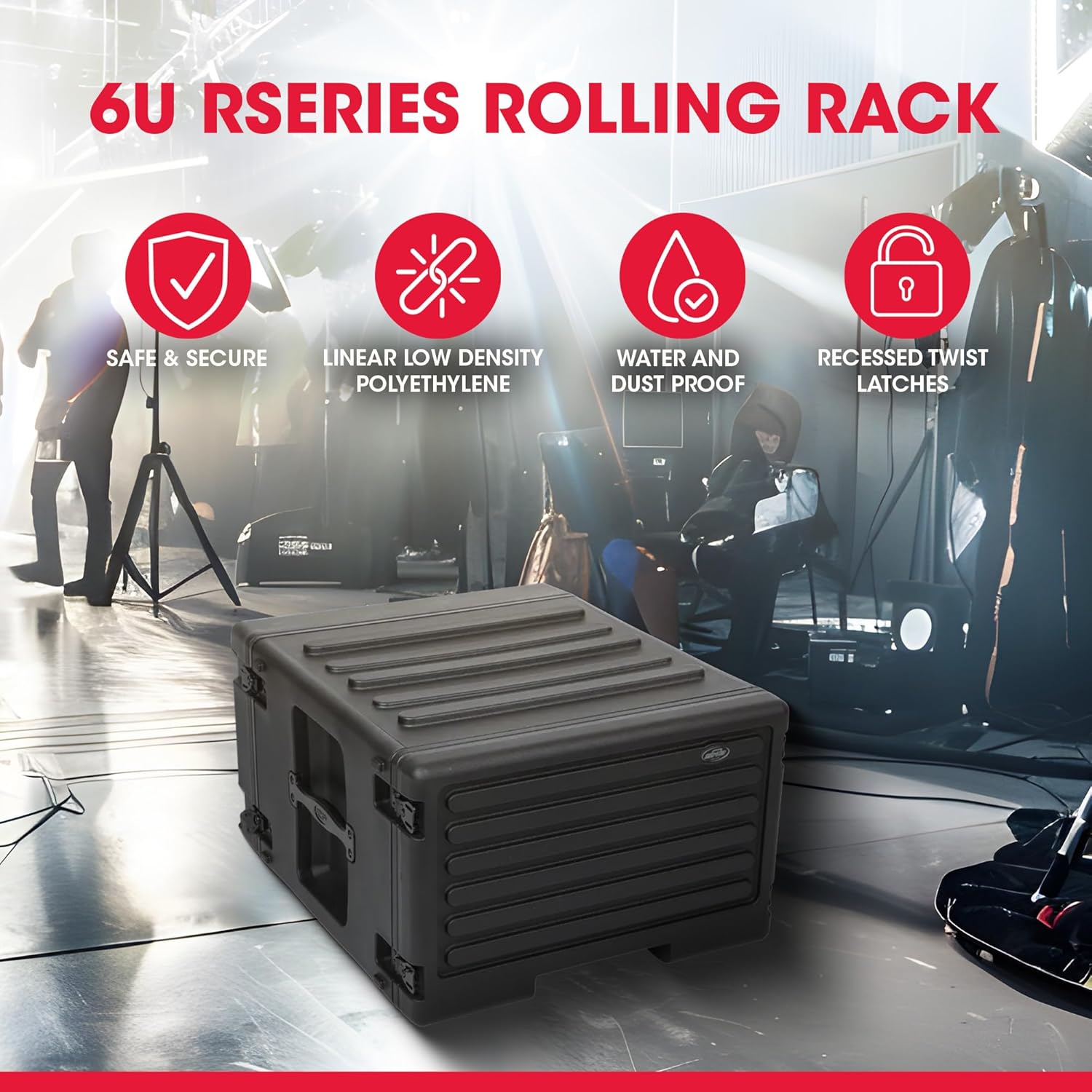 SKB 6U rSeries Rolling Rack with Integrated Back Wheels and 1-Touch Pull Handle, Comes with 6 Rack Units and Interlocking Molded Stacking Bars