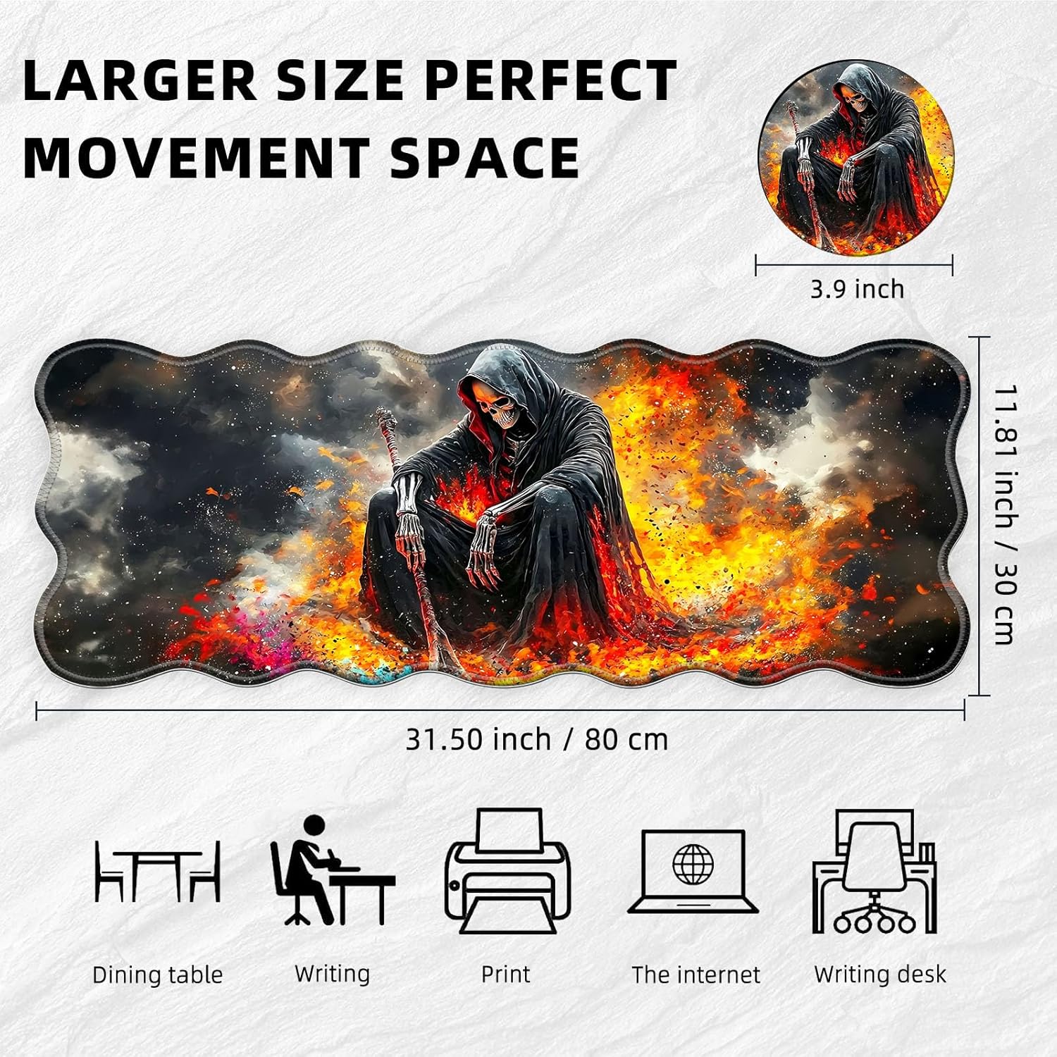 Ergonomic Wave Design Mouse Pad, Comfortable Non-Slip Gaming Mouse Pad, Large Desk Mat with Circular Coaster, Durable Waterproof Surface for Office, Home or Gaming (31.5x11.8 Inch, Grim Reaper)