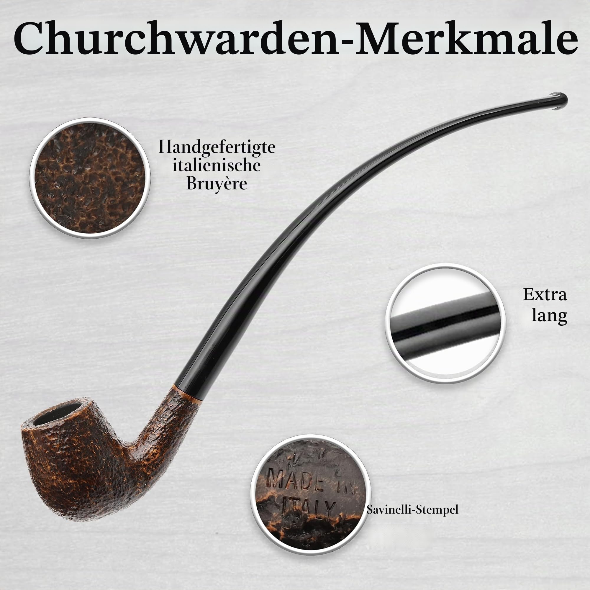 Savinelli Churchwarden Brown 601 – Extra lange handgefertigte italienische Holzpfeife, Vintage-Design, gebogenes Billard, 3 mm, rostfreie Oberfläche