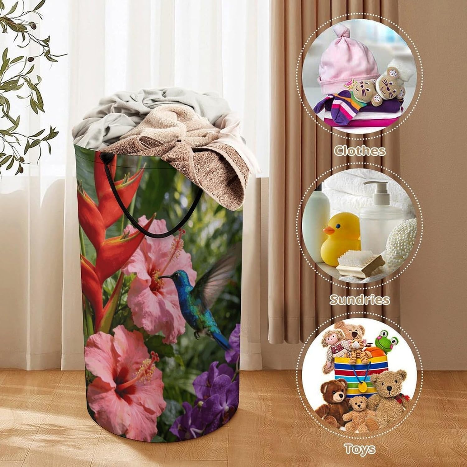Tropical Flowers And Hummingbirds Laundry Hamper with Handles Waterproof Collapsible Laundry Basket Large Lightweight Round Dirty Clothes Hamper for Home Dorm Bathroom Decor