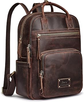 S-ZONE Vintage Genuine Leather Backpack Purse for Women Men Rucksack Travel Daypack with Luggage Sleeve