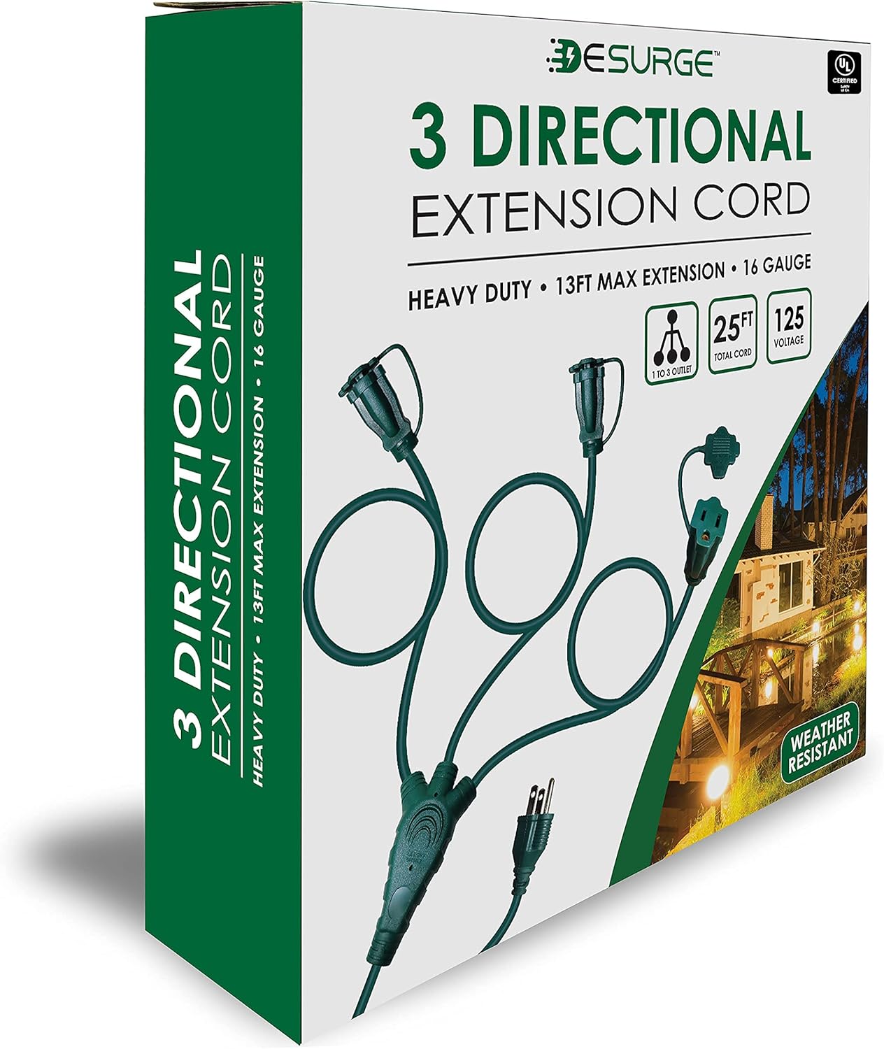 3 Direction Extension Cord 1 to 3 Splitter Multi Outlet Weatherproof SJTW 16AWG Wire, 13ft Reach End to Plug (25FT Total), Indoor Outdoor, Landscaping, Christmas Trees and Lighting, UL Listed : Tools & Home Improvement