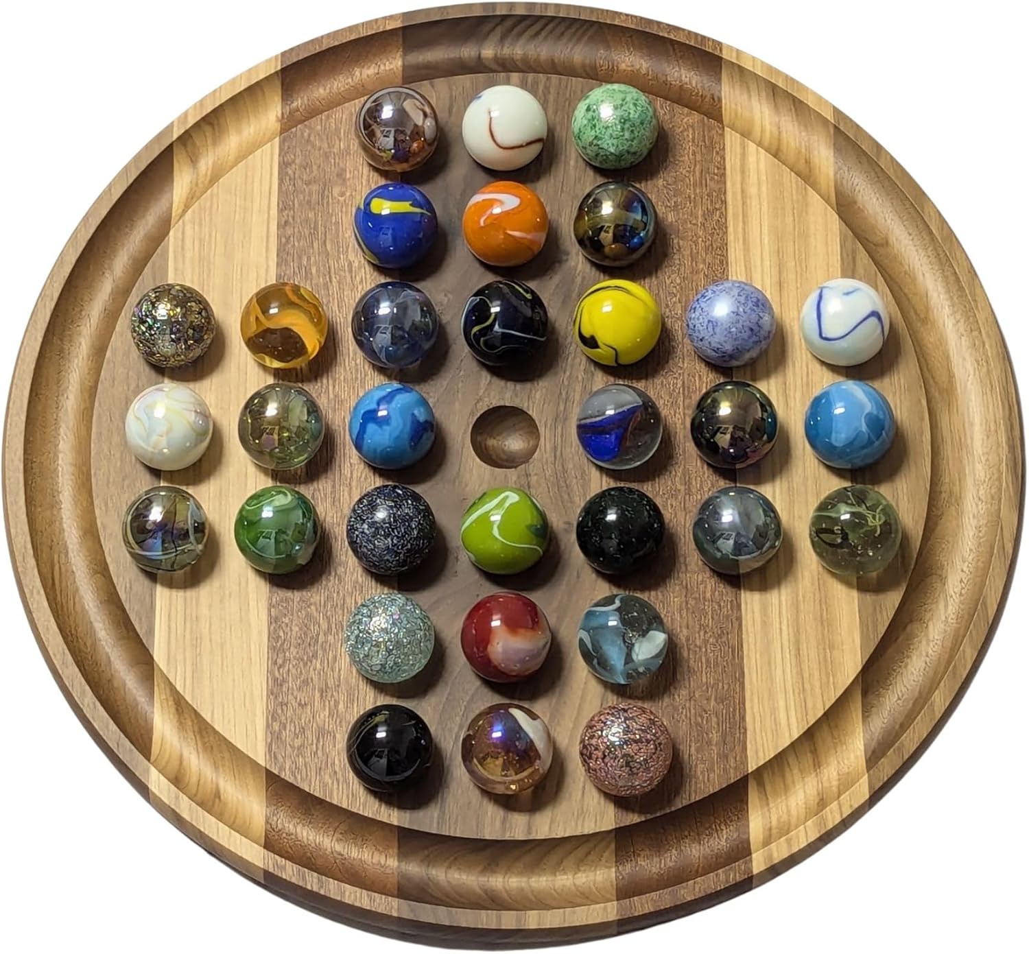 Handmade Marble Solitaire Board Game w/Glass Marbles (11", Subtle Stripes)