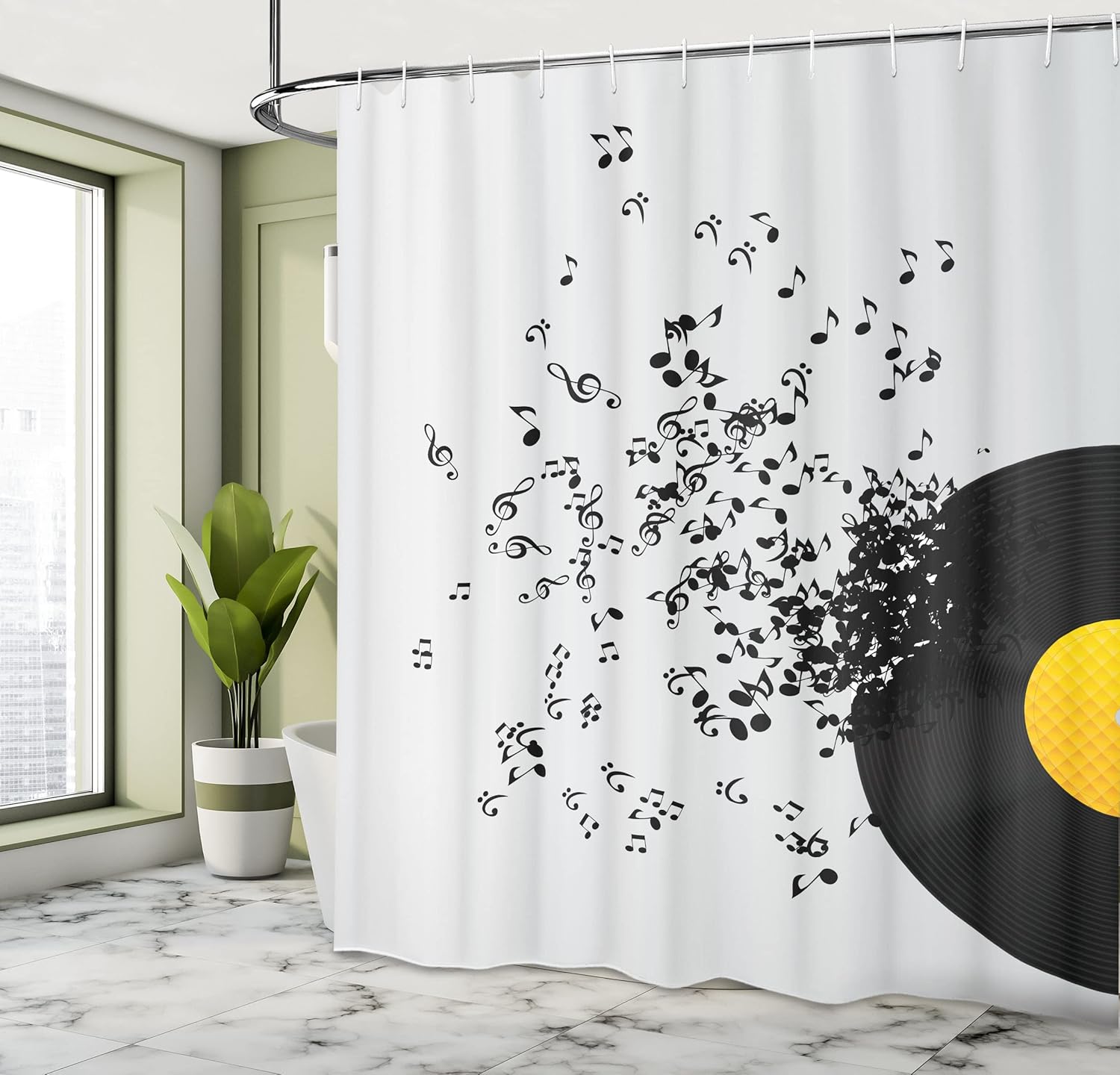 Ambesonne Music Shower Curtain, Flying Music Notes Abstract Design Disc Album Dancing Nightclub Print, Cloth Fabric Bathroom Decor Set with Hooks, 69" W x 70" L, Yellow Black Ivory