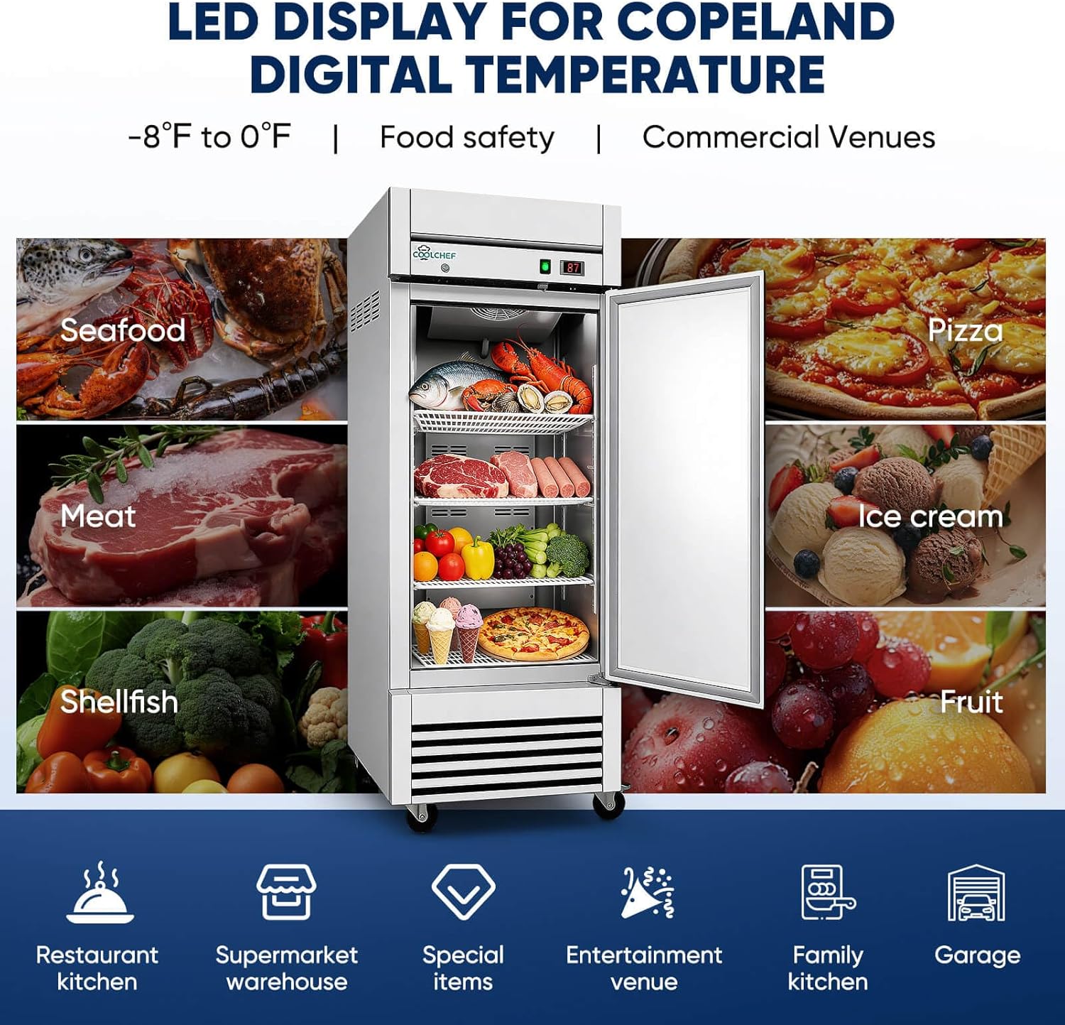 Commercial Freezer Upright Standing 20 Cubic Feet Stand Up Freezing Reach in Vertical Standing Freezer Stainless Steel 1 Door -8~0℉ Cooler Shelves Commercial Meat Frost Free Upright Freezers