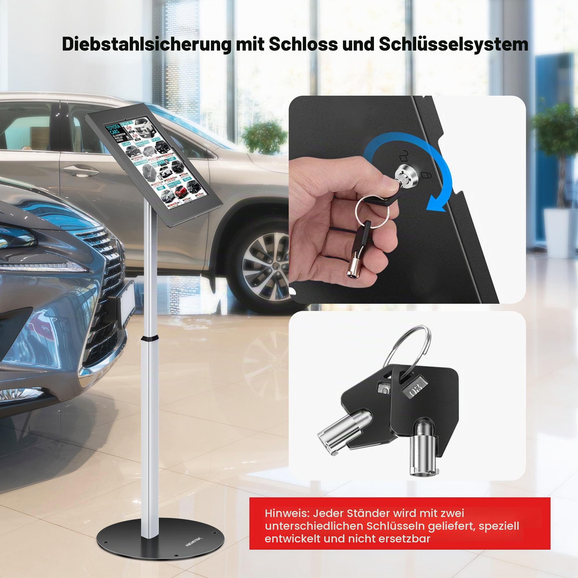 AboveTEK iPad Bodenständer mit Diebstahlschutz, Höhenverstellbarer Tablet Kiosk Stand mit Schloss, Schwerer Tablet Bodenständer für 12,9–13 Zoll iPad Pro/Air & 12,4 Zoll Galaxy Tab