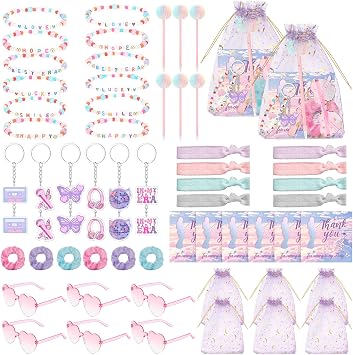 Janinka 62 Pcs Singer Theme Friendship Party Favor Bulk Birthday Era Party Supplies Decoration Pink Purple Bracelet Keychain Sunglass Hair Band Scrunchie Gift for Women Fans