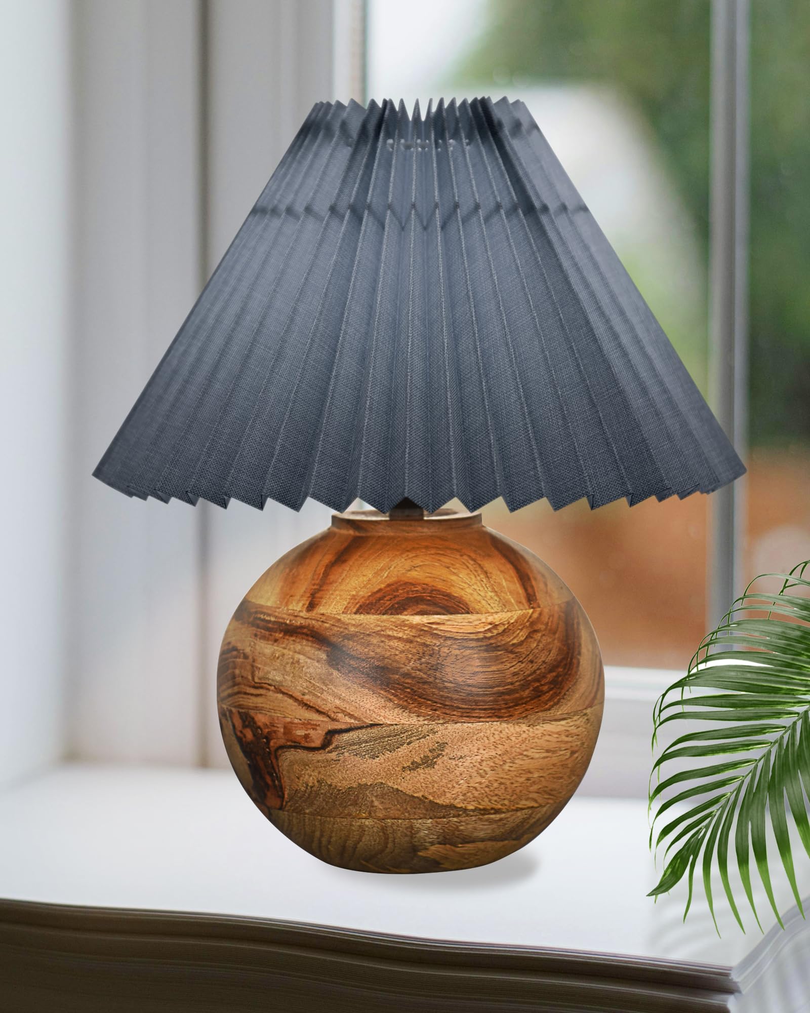 Homesake®Rustic Wooden Cute Table Lamp with Small Round Base Design Fabric Shade Stylish Bedside | Desk & Nightstand Warm Lighting, Bedroom | Living Room & Office Warm Light | Home Décor, Pleated Grey