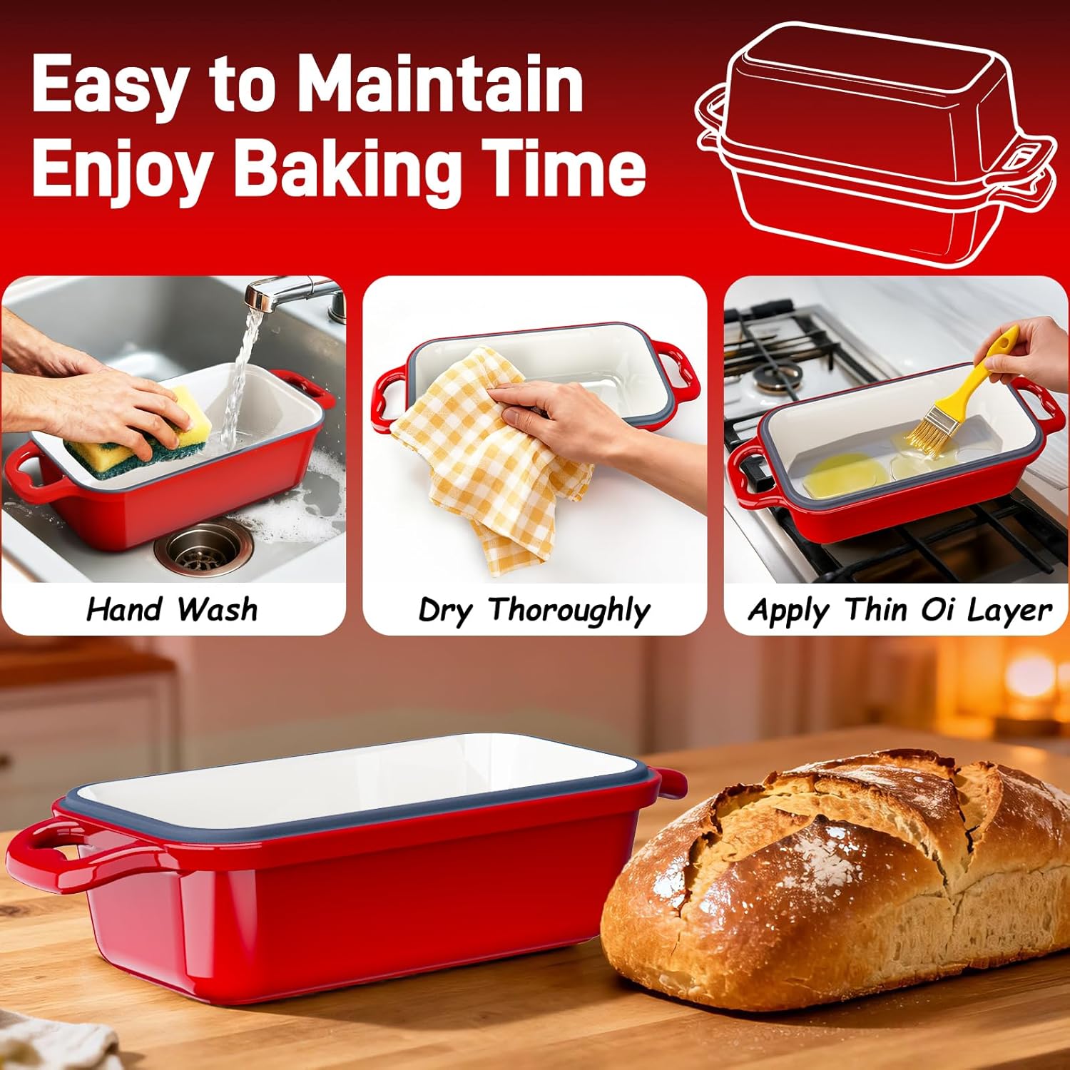 Enameled Cast Iron Dutch Oven for Sourdough Bread Baking, 9 x 5Inch Oval Cast Iron Bread Pan with Lid, 2PCS Dutch Oven for Homemade Sourdough Baking, Meatloaf Pan, Oven Safe, Red