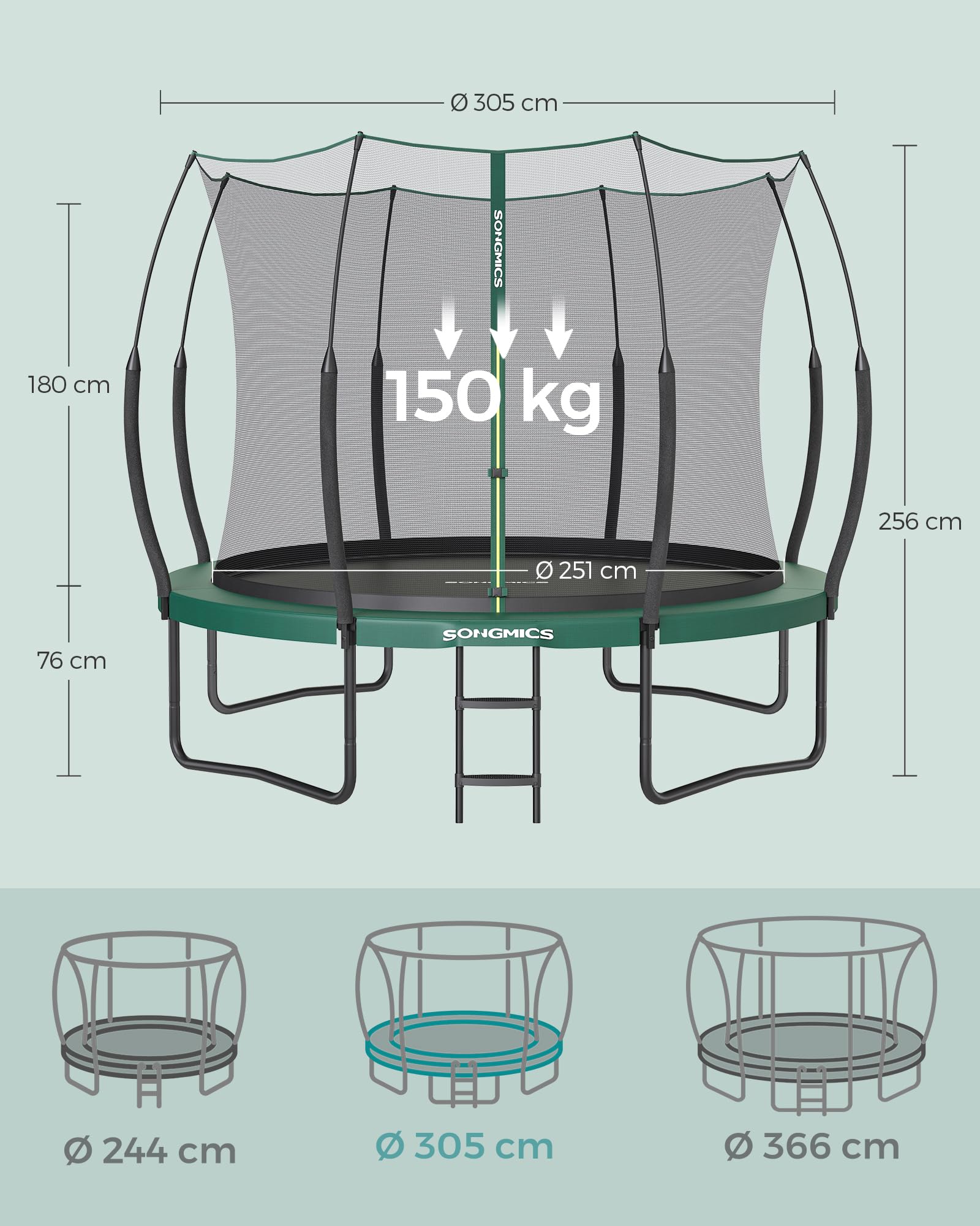 SONGMICS Federloses Trampolin Outdoor Ø 244/305/366 cm, Kindertrampolin Gartentrampolin, elastische Seile, Sicherheitsnetz mit Reißverschluss, Glasfaserstangen, sicher, geräuscharm