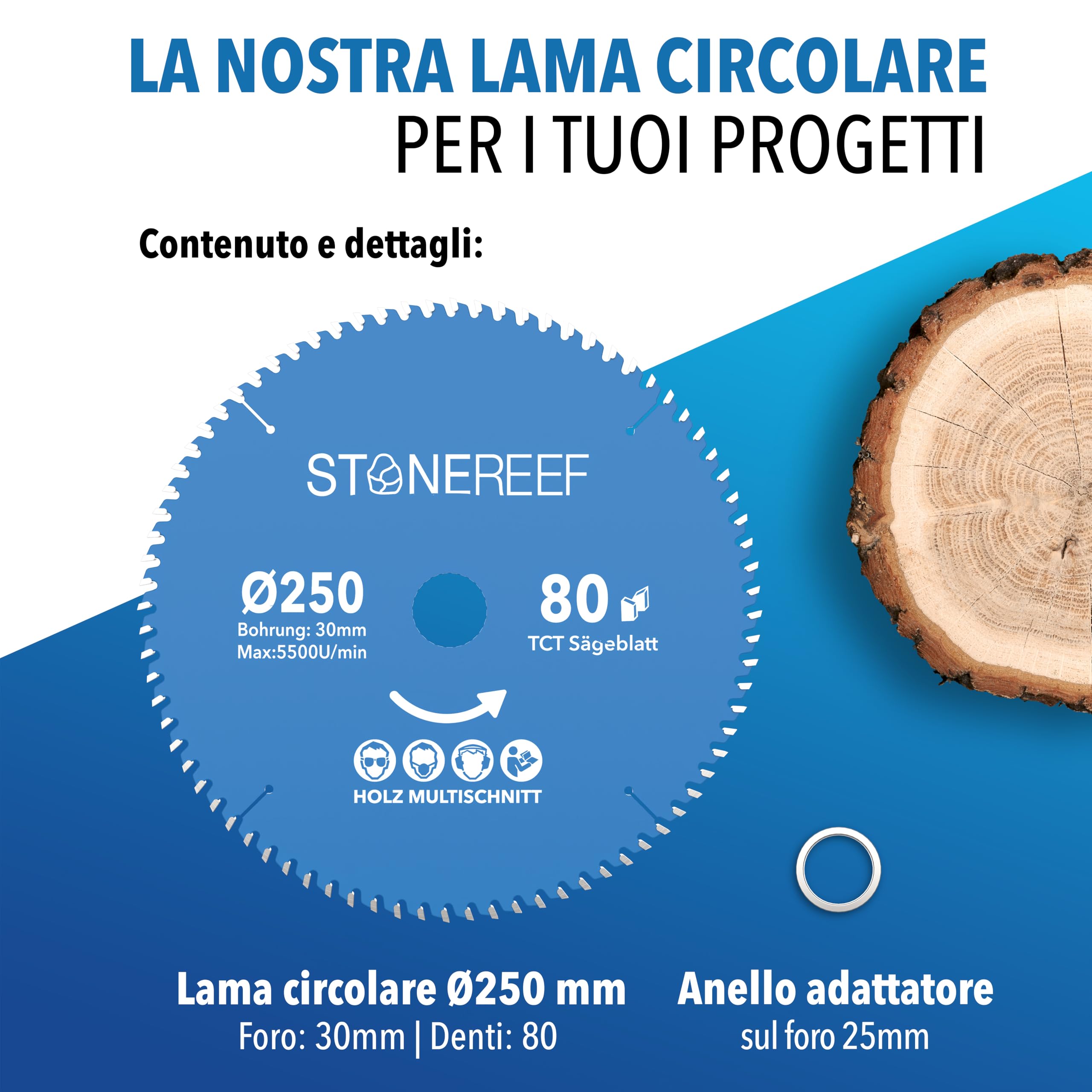 STONE REEF Lama per sega circolare 250x30 cm, con adattatore su foro da 20 mm, compatibile con sega a immersione e sega circolare di Bosch, ideale per legno, metallo e alluminio