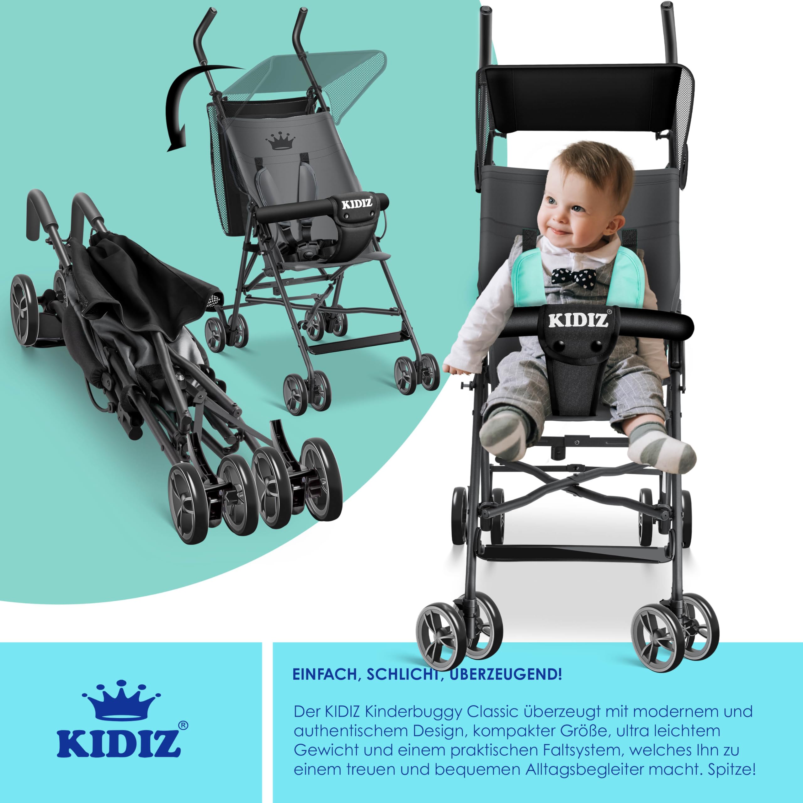 KIDIZ® Kinderwagen CITY Buggy Kinderbuggy klappbar Sportwagen Faltbar 360° 4-Zoll-Räder Inkl. Sonnen- und Regenverdeck zusammenklappbar 5-Punkt-Sicherheitsgurt ab 6 Monate, Anthrazit