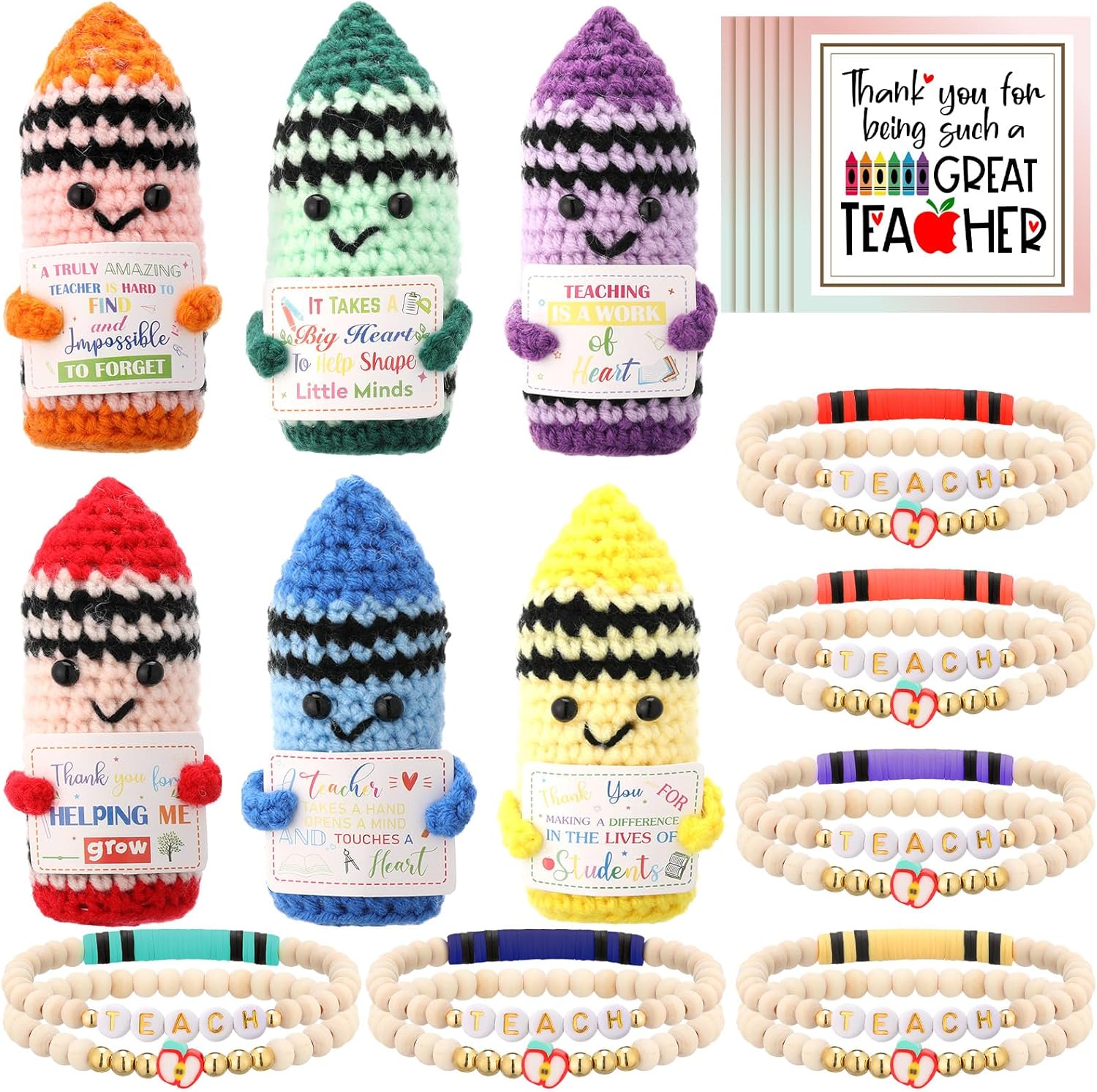 6 Sets Teacher Appreciation Gift Crochet Apple Shaped Dolls with Thank You Teacher Card and Bracelet Presents for Teacher's Day Positive Graduation End of Year Holiday from Students
