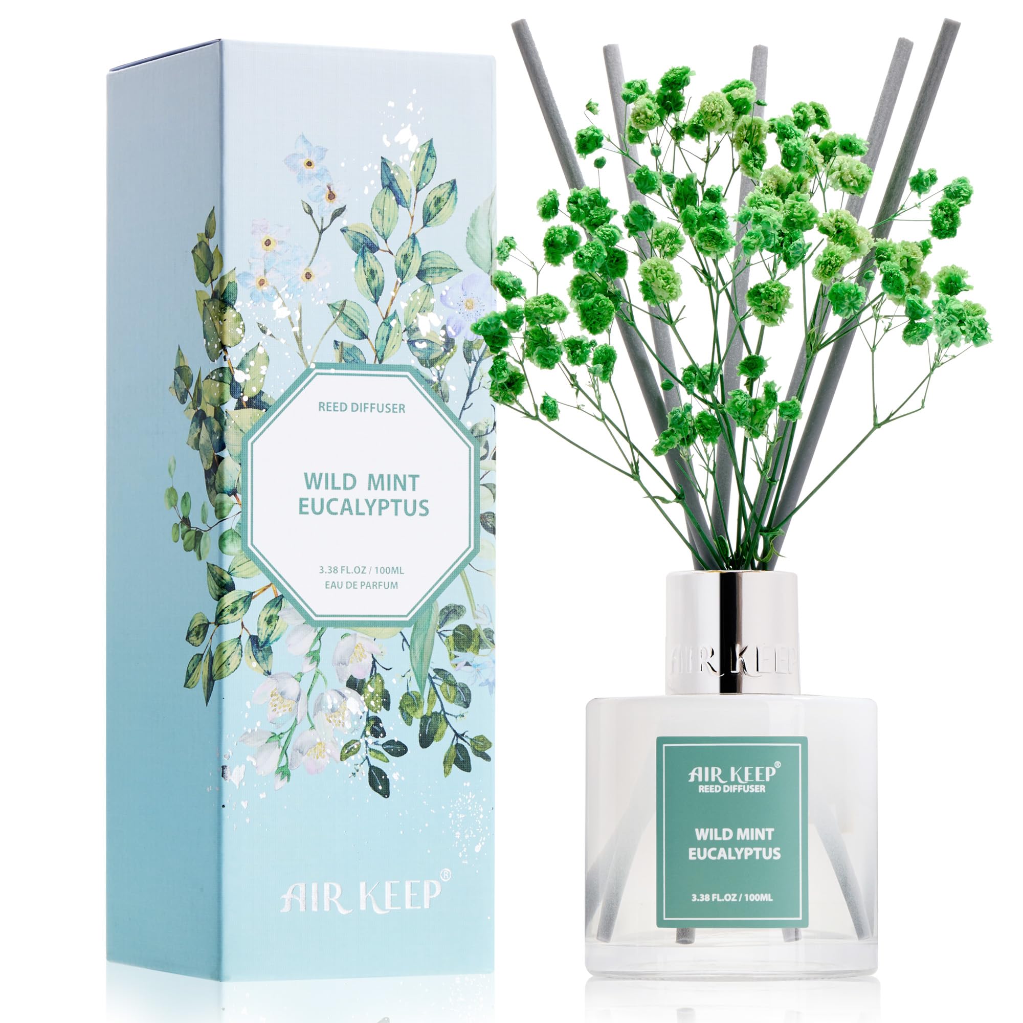 Airkeep Reed Diffuser Set,3.38 fl oz (100 ml) - Wild Mint&amp;Eucalyptus Oil Diffusers with 8 Reed Sticks, Home Fragrance Reed Diffuser for Bathroom Shelf Decor