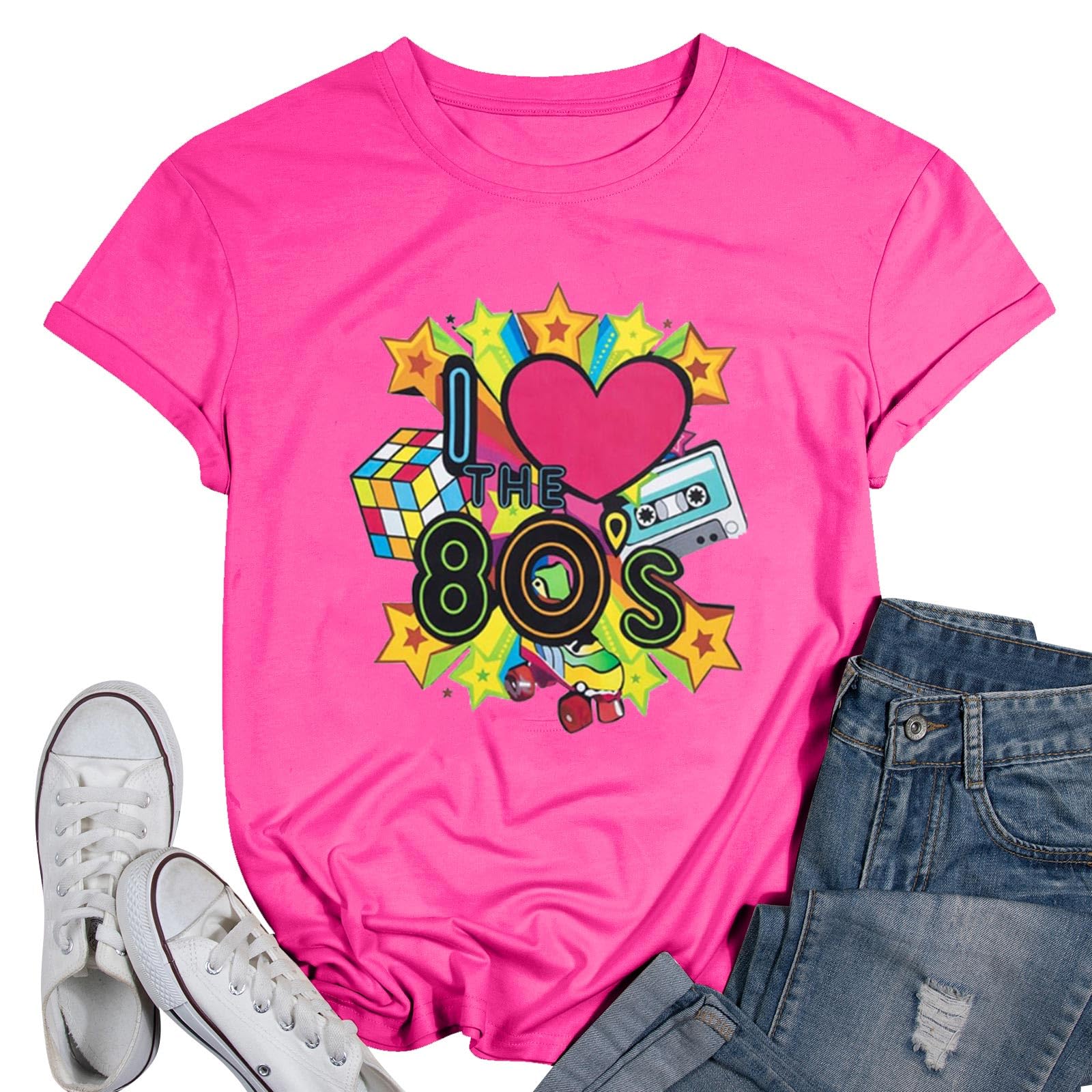 ASTANFY80s Workout Costume Outfit for Women I Love The 80's T-Shirt 80s Outfit Hip Hop Party Tee Birthday Theme Party Gift