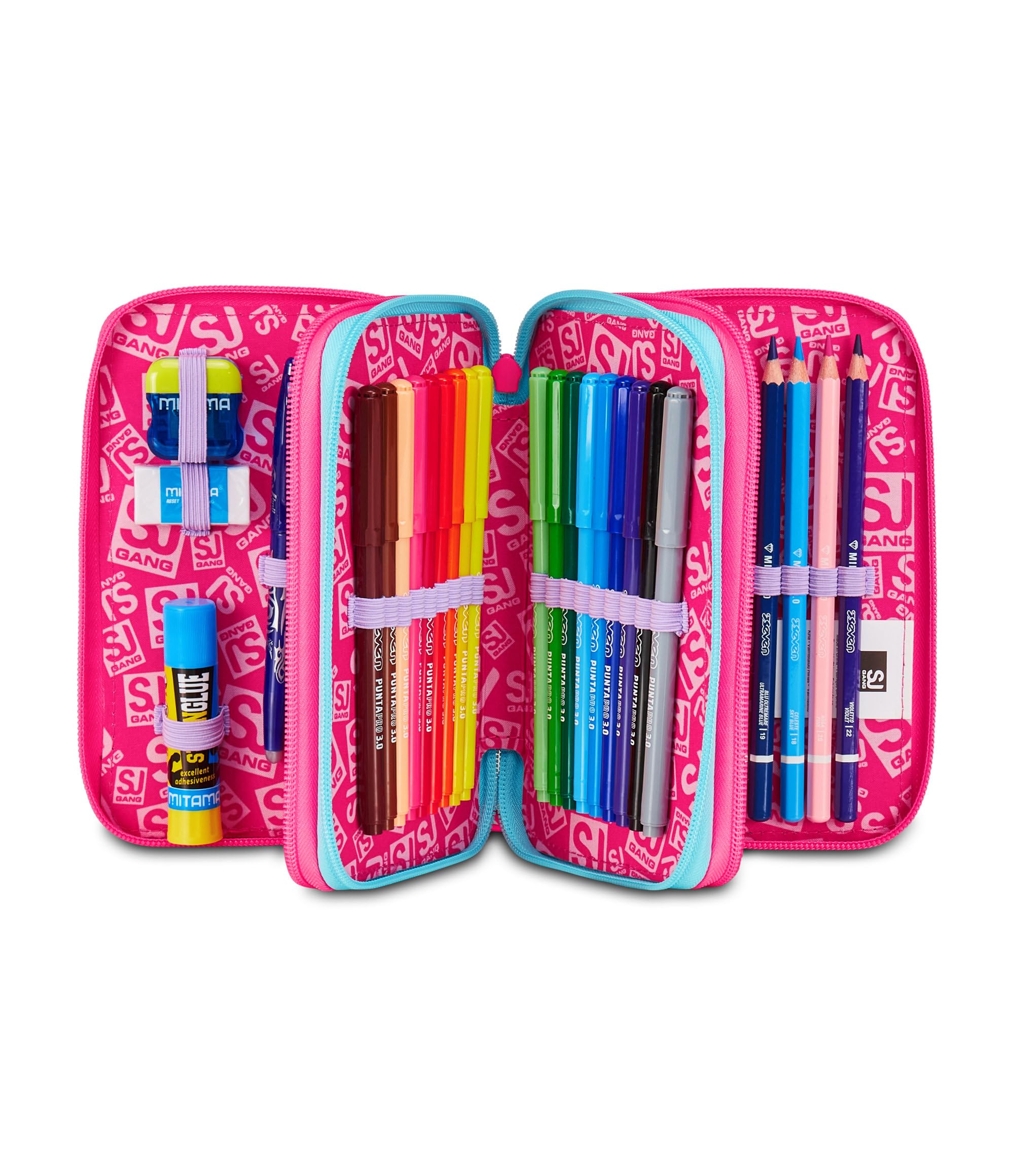 SJ GANG STYLE JAM GANG Astuccio Scuola 3 Zip Plushy Rabbit, Rosa, Portapenne Triplo Scomparto Completo Di Penne, Matite, Colori, Accessori Zaino, Scuola Elementare, Bambina