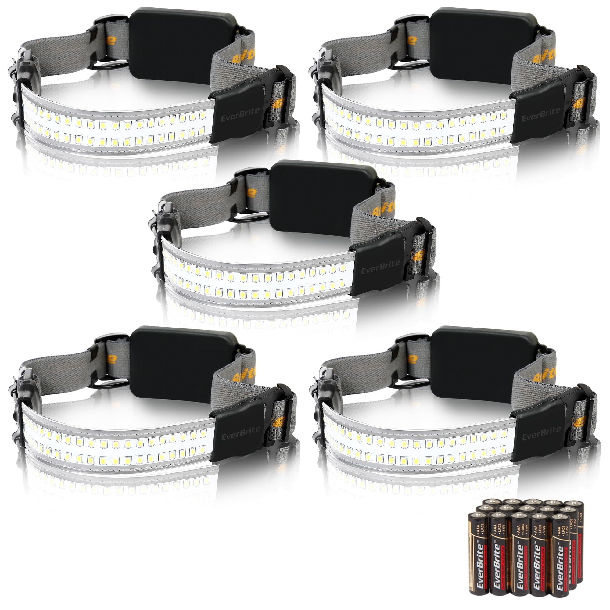 EverBriteWidebeam LED Headlamp, 210° Broadbeam Illumination, 500 Lumens, 3 Lighting Modes, Perfect for Trail Running, Camping and Hiking, 3 AAA Battery Powered(5 Pack)