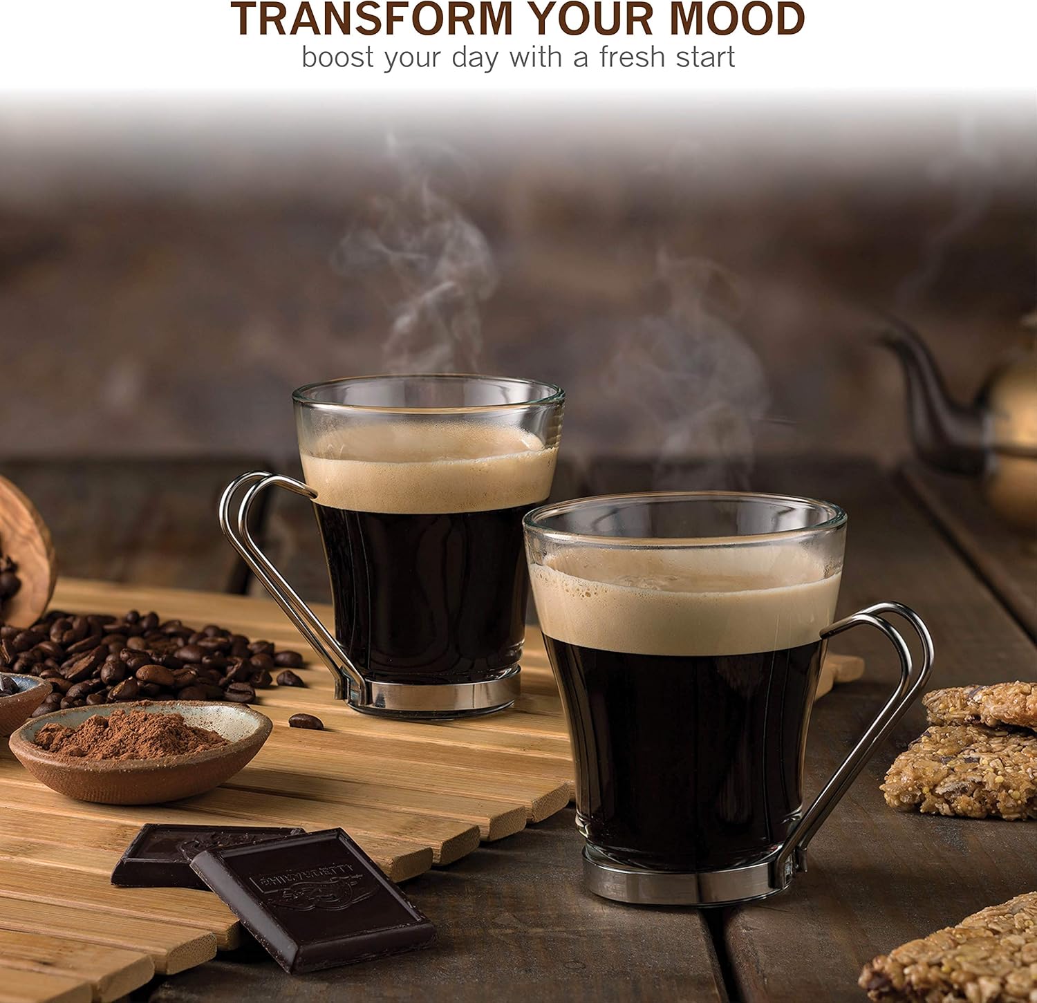 Up To 40% OFF Bormioli Rocco OSLO Glass Coffee Mug - 7 ½ Ounce Espresso Cups (4 Pack) with Metal Handle Perfect Tea Glasses for hot and cold beverages, Thermal Shock Resistant, Tempered Glass, for Latte, Cappuccino