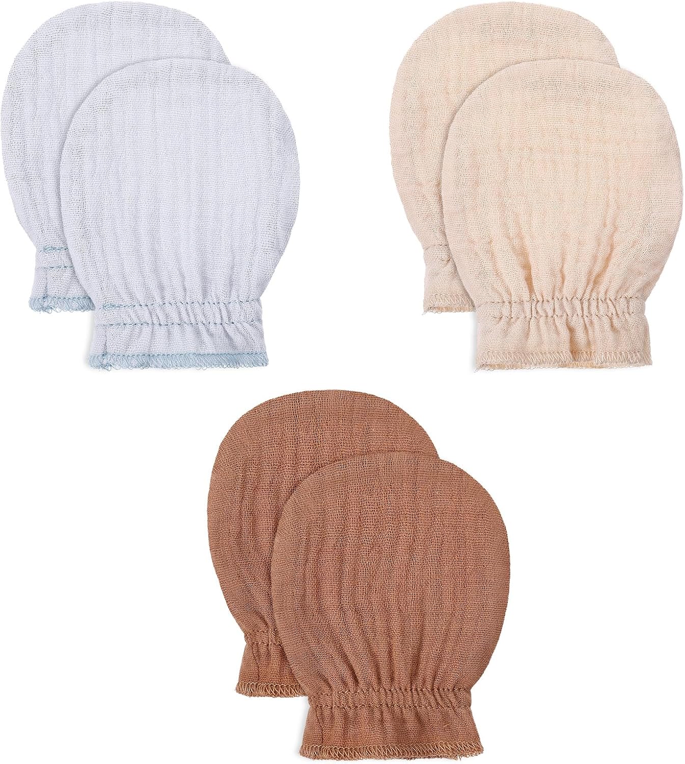 Muslin Mittens No Scratch, 3 Pairs 100% Cotton Mitts Soft Breathable Gloves, Elastic Wrist Organic Clothes, First Time Mom Essentials Registry Must Haves