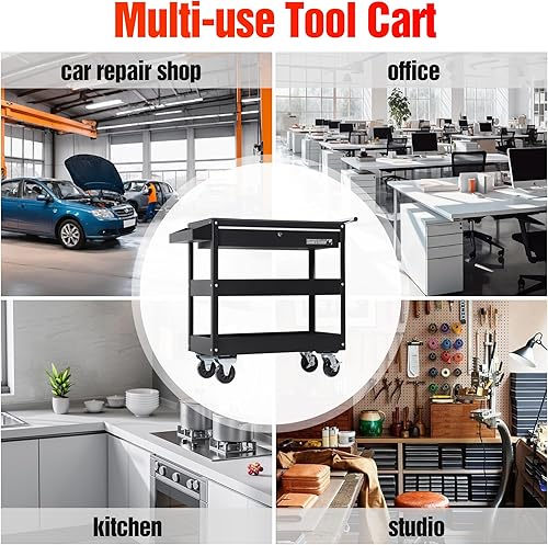 Miniatura 8 de TANKSTORM Carro de herramientas de servicio con cajón de 3 neumáticos, carrito de servicio comercial industrial negro profesional (TQ312)