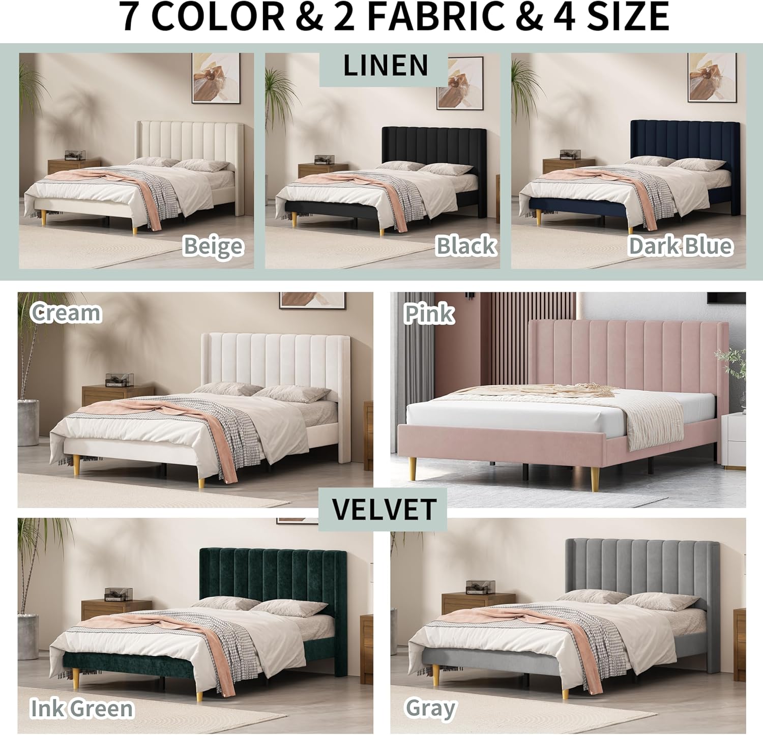 King Bed Frame with Headboard, Platform Bed Frame with Velvet Vertical Channel Tufted Wingback, Wooden Slat, No Box Spring Needed, Easy Assembly, Upholstered Mattress Foundation, Ink Green