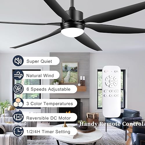Miniatura 10 de Ohniyou Ventilador de techo de 66 pulgadas con control remoto de luces, ventilador de techo grande blanco, 6 aspas, 6 velocidades, 3 CCT, moderno